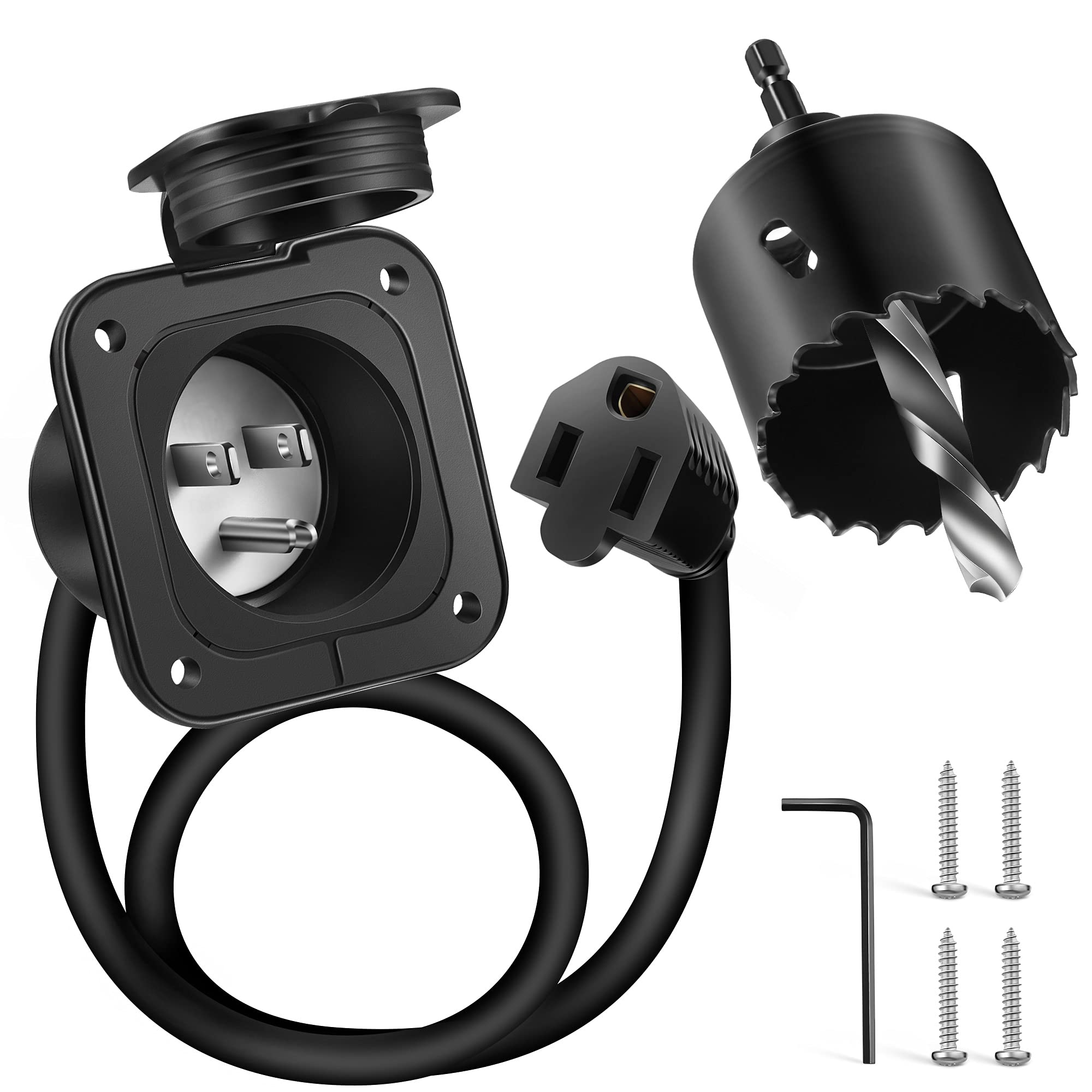 Fiada 15 Amp AC Port Plug, ETL Listed Power Inlet Socket 125 Volt with 2 inch Hole Saw Bi-Metal Hole Saw Twist Drill Bit, L Hex Wrench Waterproof
