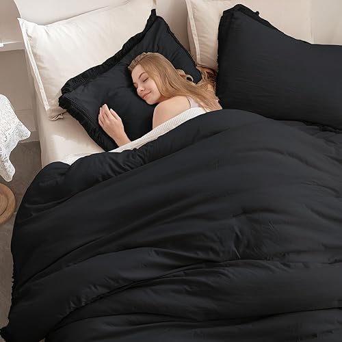 Miniatura 6 de Andency Juego de edredón negro tamaño Queen, juego de edredón ligero con borlas bohemias de 3 piezas, para todas las estaciones, suave y esponjoso