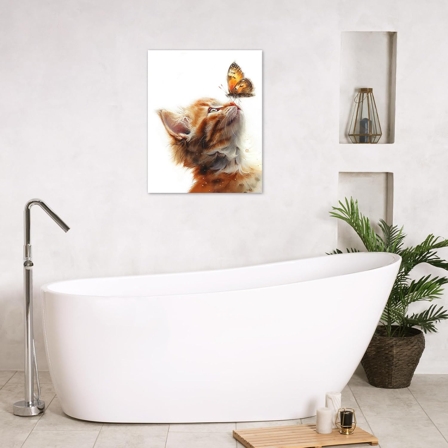 HVEST Funny Cat Wall Art for Living Room, Cute Animal Cat and Butterfly on White Pictures Wall Decor for Kids Bedroom Bathroom Dorm Office Decor Framed Wall Art,10L X 8W Inches