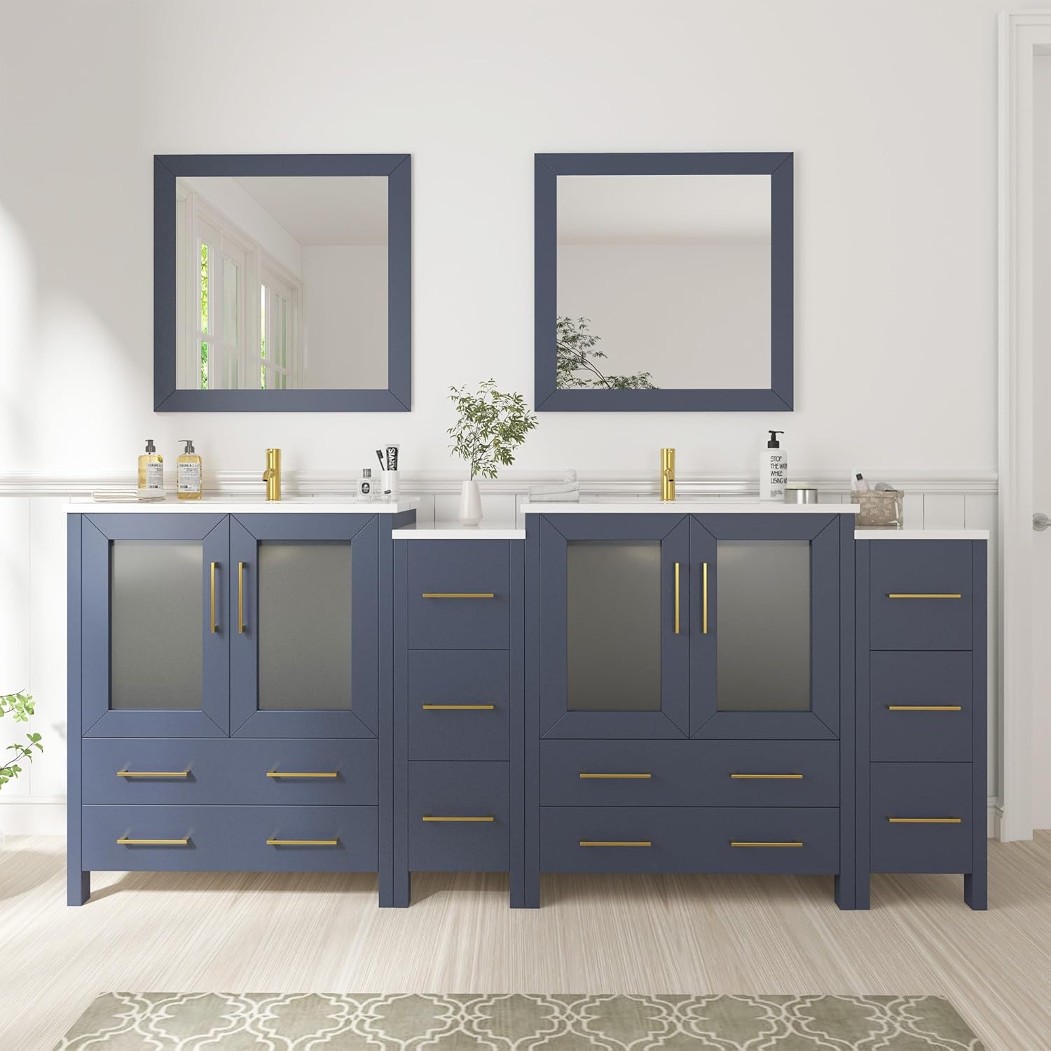 Vanity Art 84 Inch Under Mount Double Sink Bathroom Vanity Cabinet with 2 Mirrors, Ceramic Top Bathroom Cabinet Compact Set with 10 Dovetail Storage Drawers and Gold Finish Handles, VA3030-84B