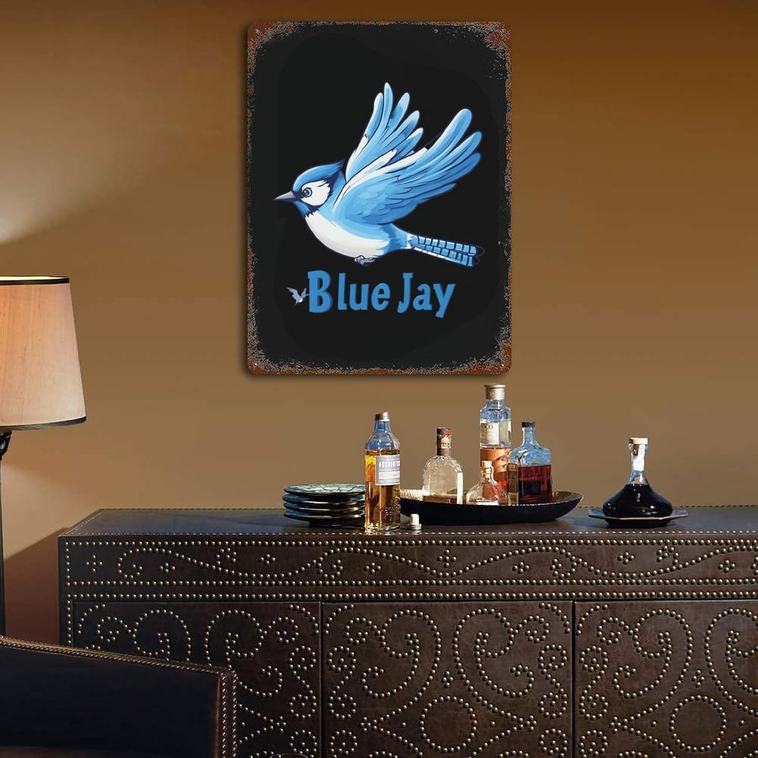 Blue Jay Bird Metal Signs Vintage Iron Tin Hanging Plate Wall Art with Rusted for Home Kitchen Garden Decor