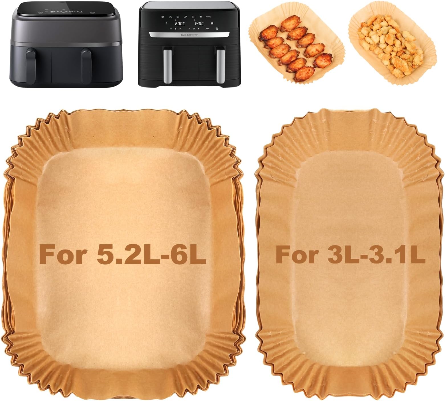 BYKITCHEN Air Fryer Liners for Tefal 5.2L & 3.1L Dual Air Fryer, Disposable Paper Liners, Airfryer Accessories for Tower/Lakeland/Salter and Other Large & Small 2 Drawer Basket Fryers (100PCS)