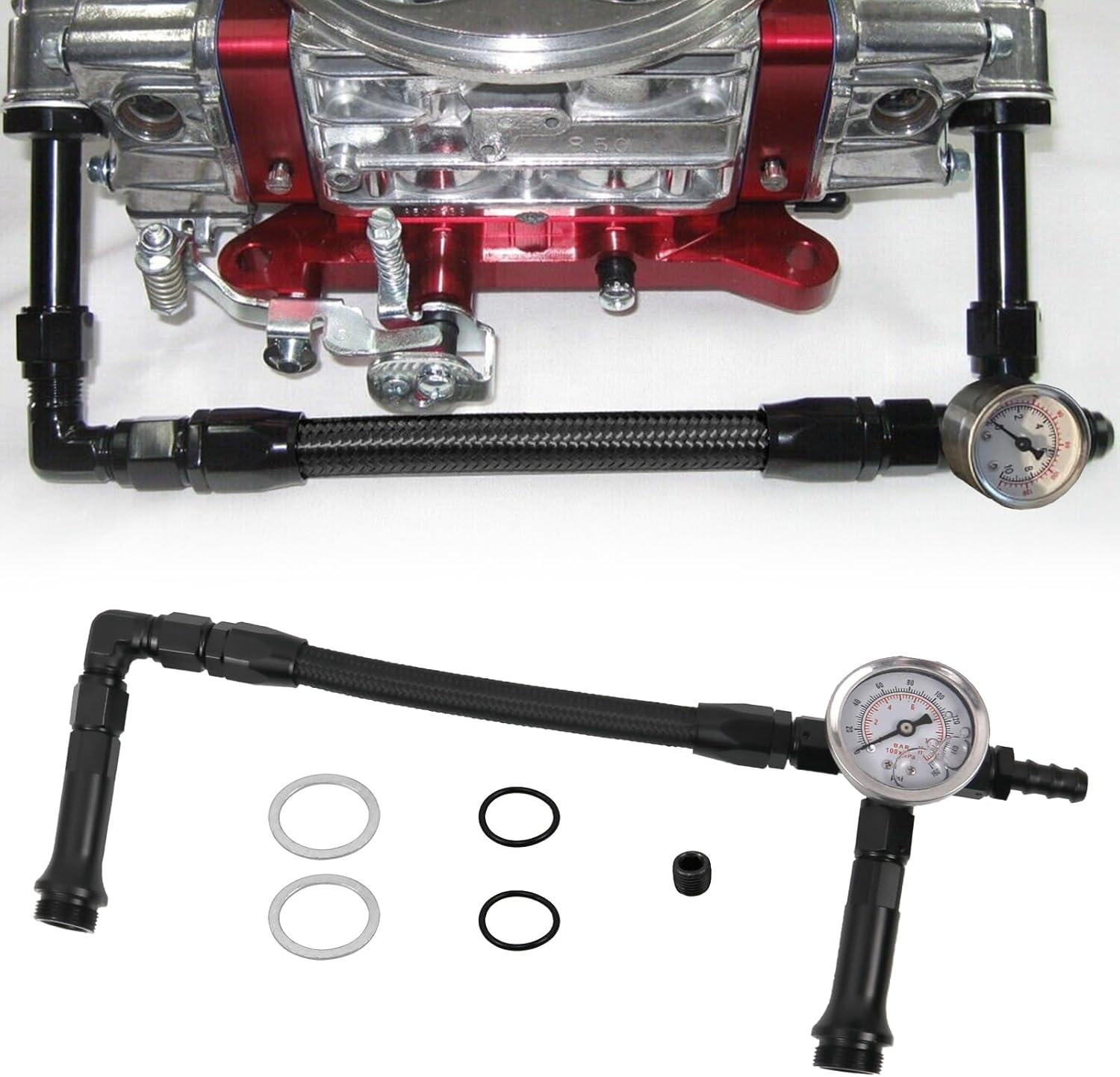 RYANSTAR RACING AN6 Dual-Feed Double Pump Braided Fuel Line with 0-150Psi Vacuum Pressure Gauge Compatible with Holley 4150 Carburetor