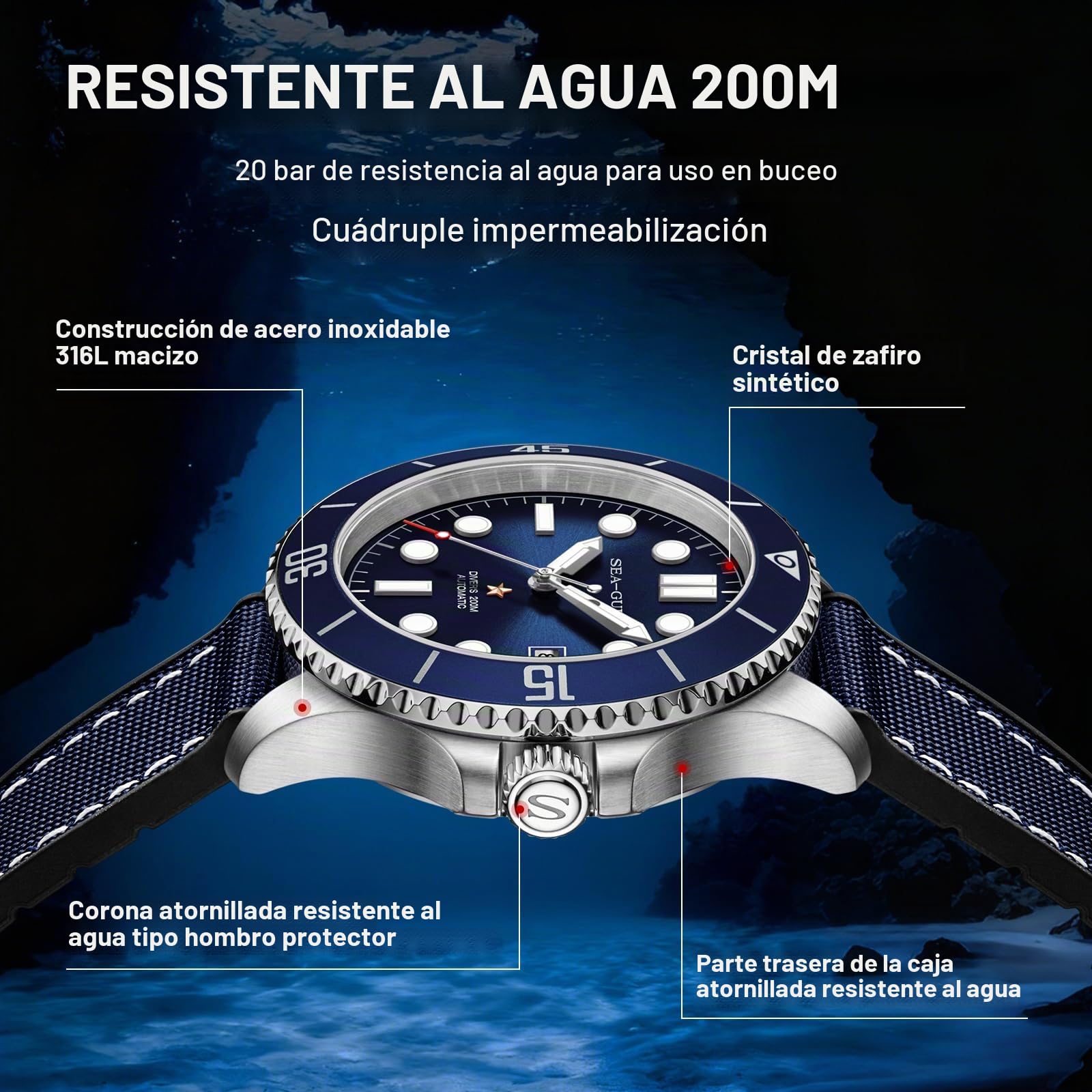SEA-GULL Reloj de buceo mecánico automático para hombre, resistente al agua hasta 200 m, reloj de pulsera con calendario luminoso, 40 mm, serie Ocean 6204