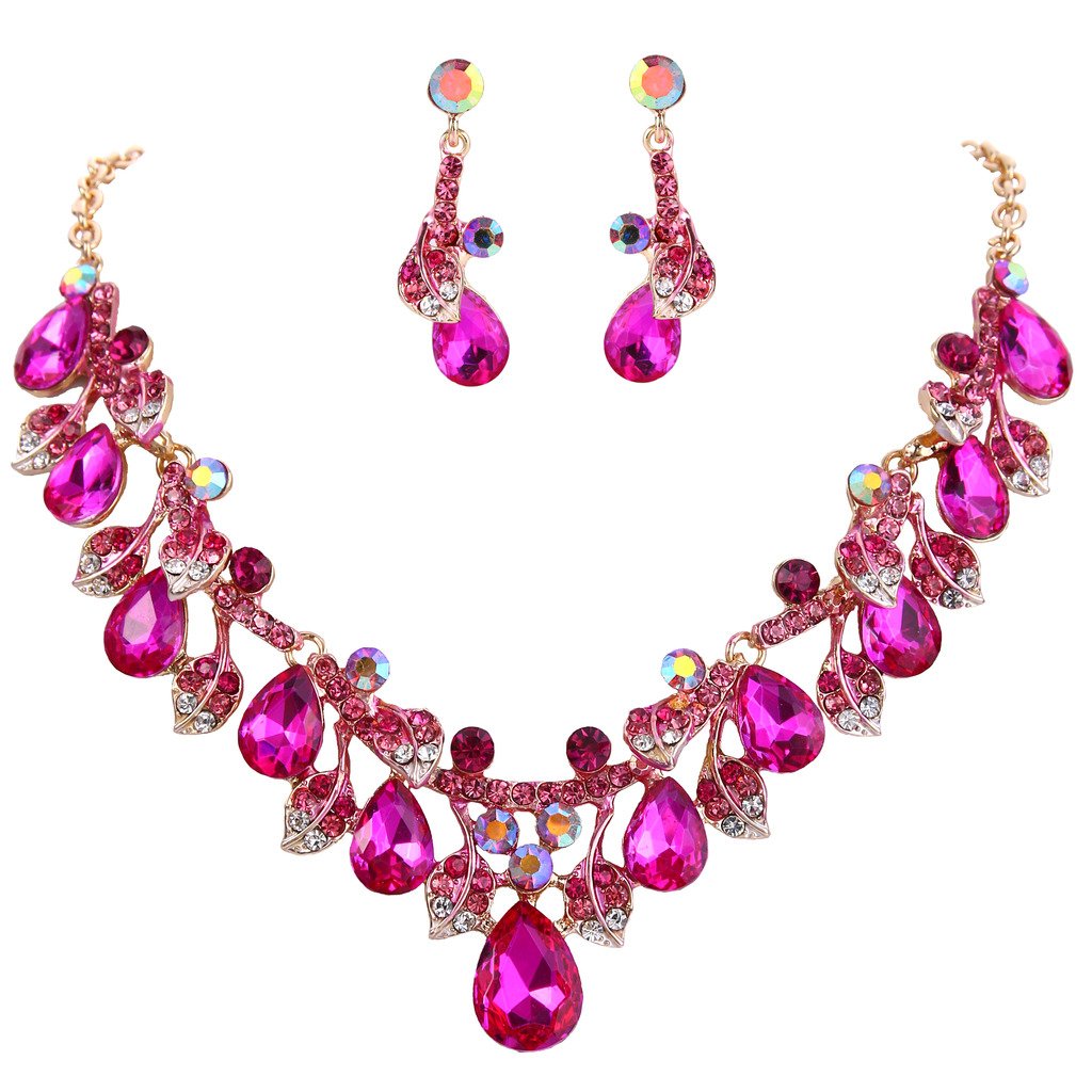 Clearine Conjunto de Joyas para Mujer Conjunto de Joyas de Pendientes Colgantes Collar Llamativo de Hoja de racimo de Gota de Cristal Nupcial de Boda