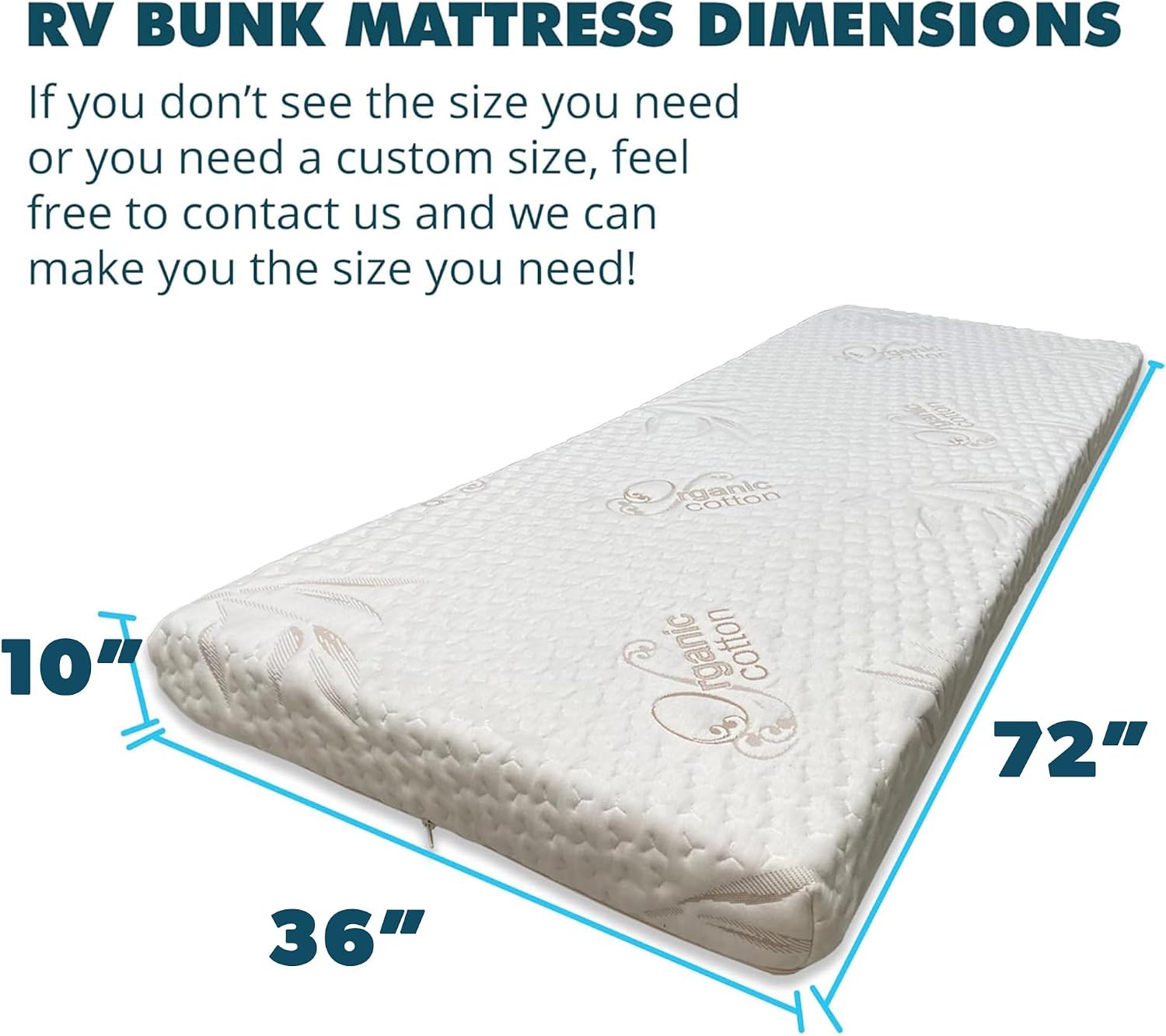 Foamma 10" x 36" x 72" Memory Foam Mattress for RV with Water Resistant Organic Cotton Cover, Firm High Density Foam Base, USA Made, CertiPUR-US Certified Foam