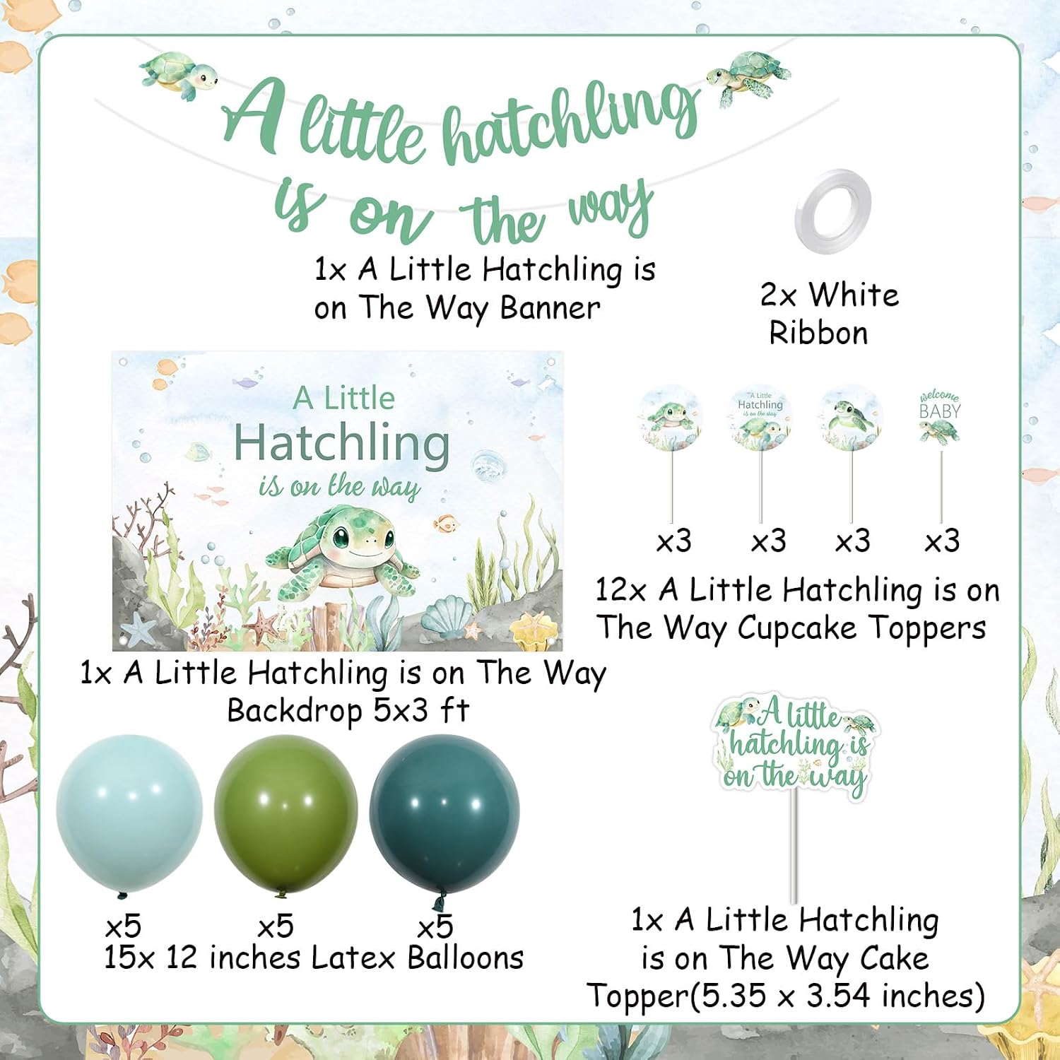 Jollyboom Sea Turtle Baby Shower Decoration Boy, A Little Hatchling is on The Way Backdrop Banner Cake Cupcake Topper Balloons for Sea Turtle Under the Sea Ocean Animal Baby Shower Decorations