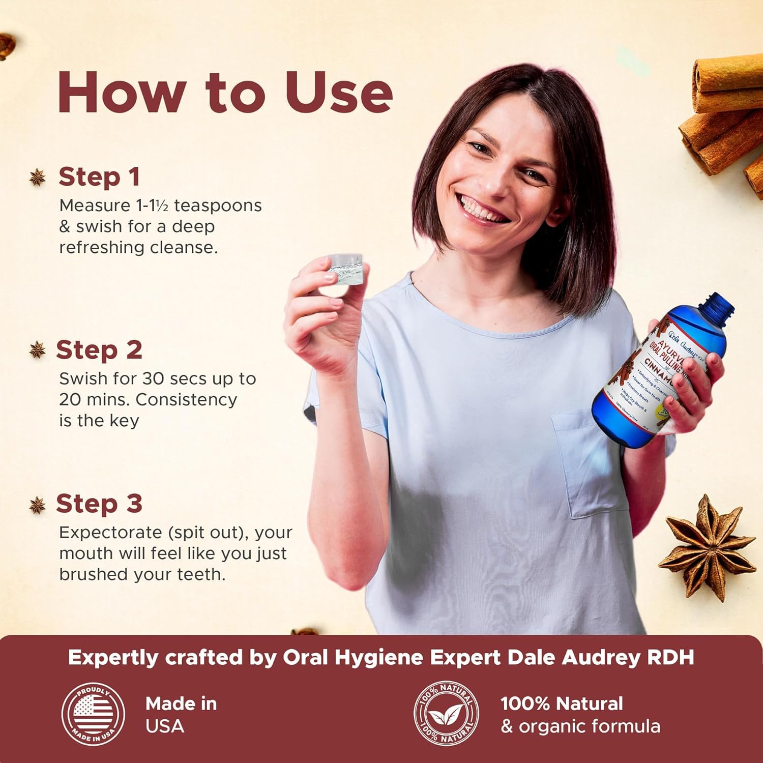 Ayurvedic Oral Pulling Rinse By Dale Audrey, Cinnamon ,With Neem, Myrrh, Clove & Oil of Oregano. 8oz (1.5 Month-1tsp) Natural & Organic by Oral Fitness Inc.