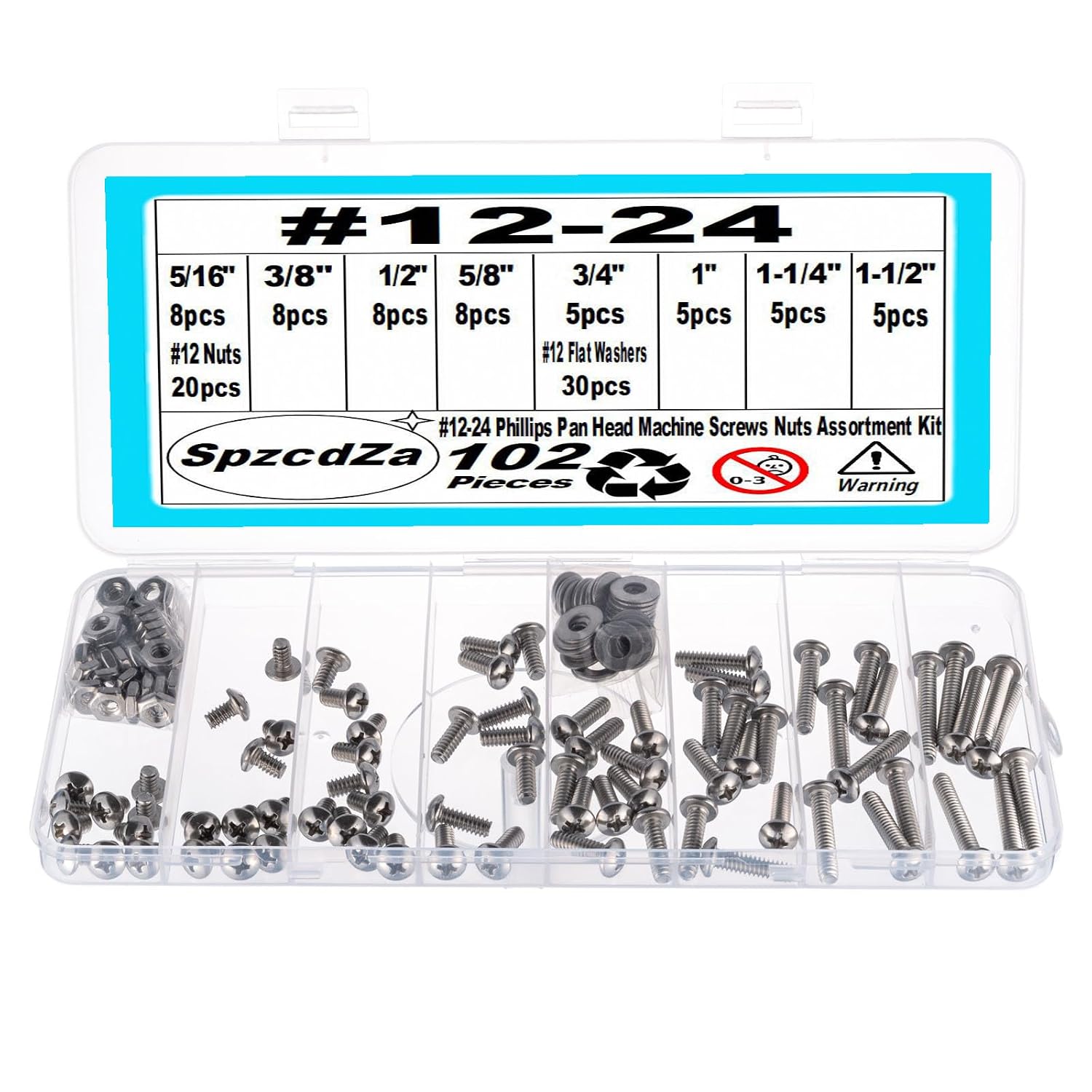 102 Pieces #12-24 Phillips Pan Head Machine Screws Nuts Washers Assortment Kit, Coarse Thread, Fully Machine Threaded, 304 Stainless Steel