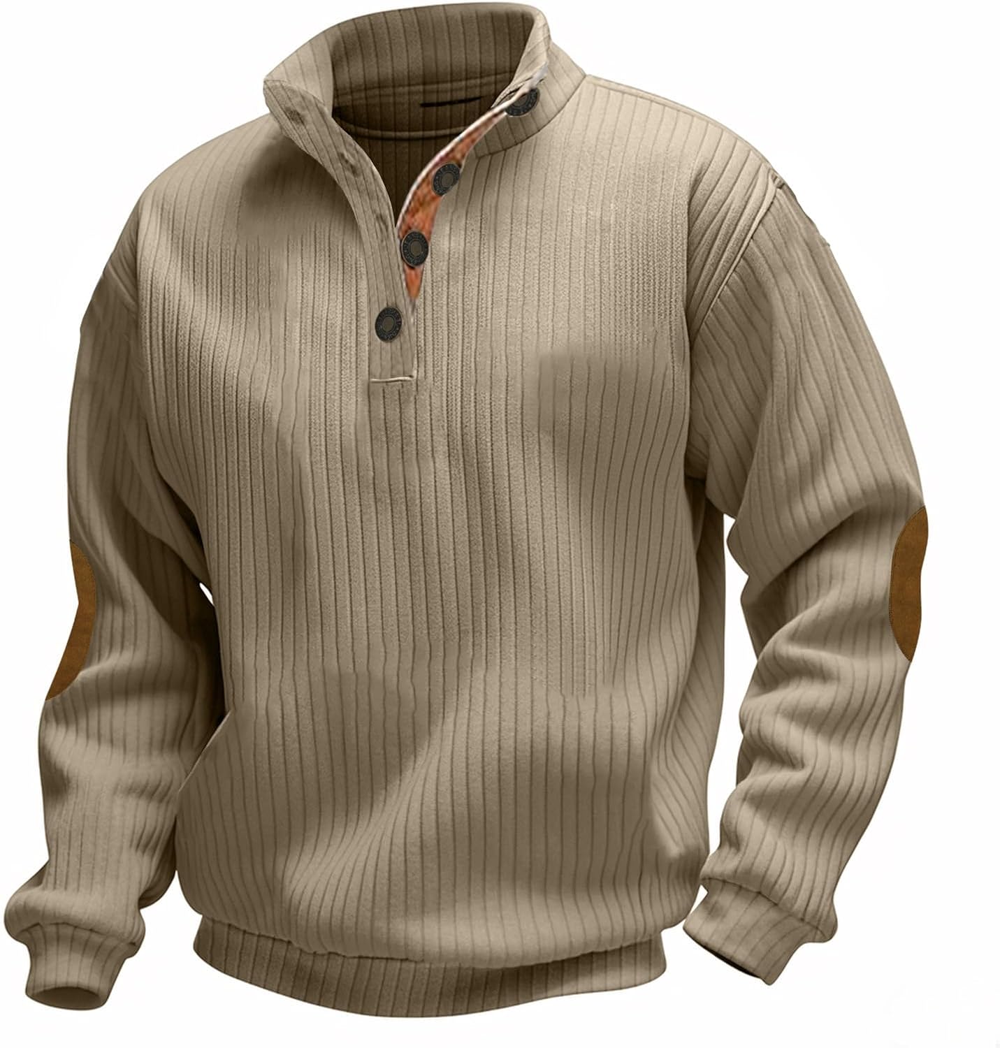 LIZALIG Men's Patch-Elbow Corduroy Button Sweater Cable Knit Stand Collar Pullover Casual Long Sleeve Fall Winter Top​