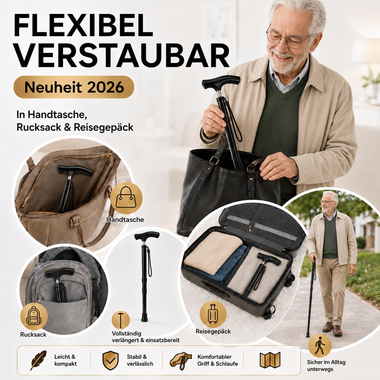 Bastón telescópico [41 – 86 cm] Premium para la bolsa, ultraligero 300 g, soporta hasta 150 kg, mango cómodo antideslizante, bastón estable de altura ajustable