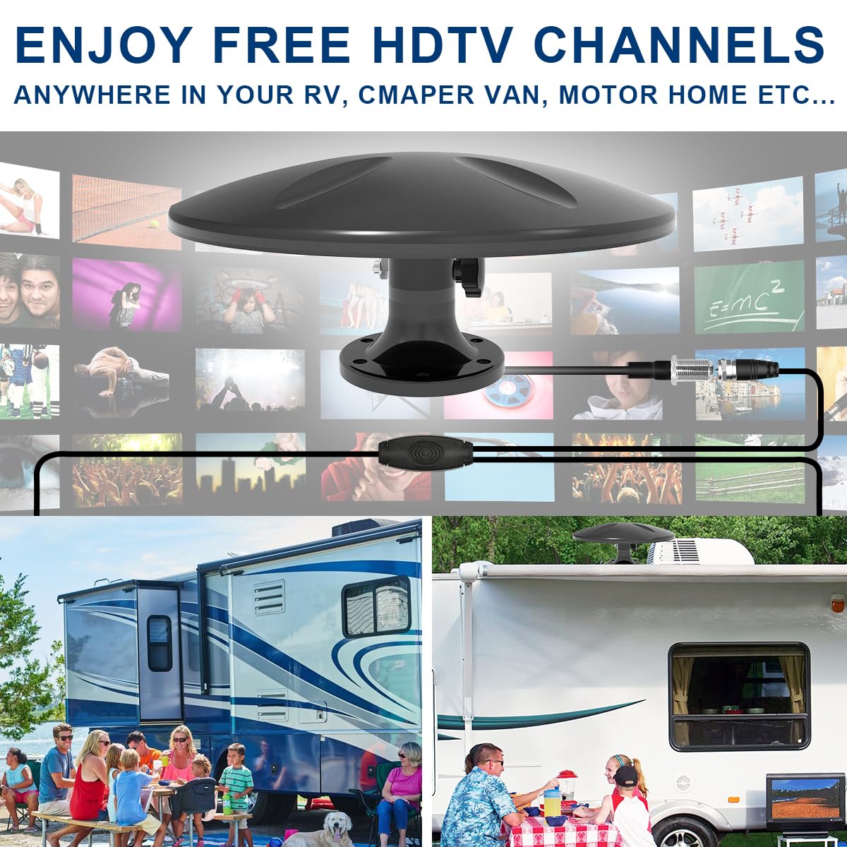 Antena de TV para exteriores amplificada digital HD con recepción de largo alcance, antena de TV al aire libre de largo alcance para caravana, remolque, camión, caravana, barco (negro)..