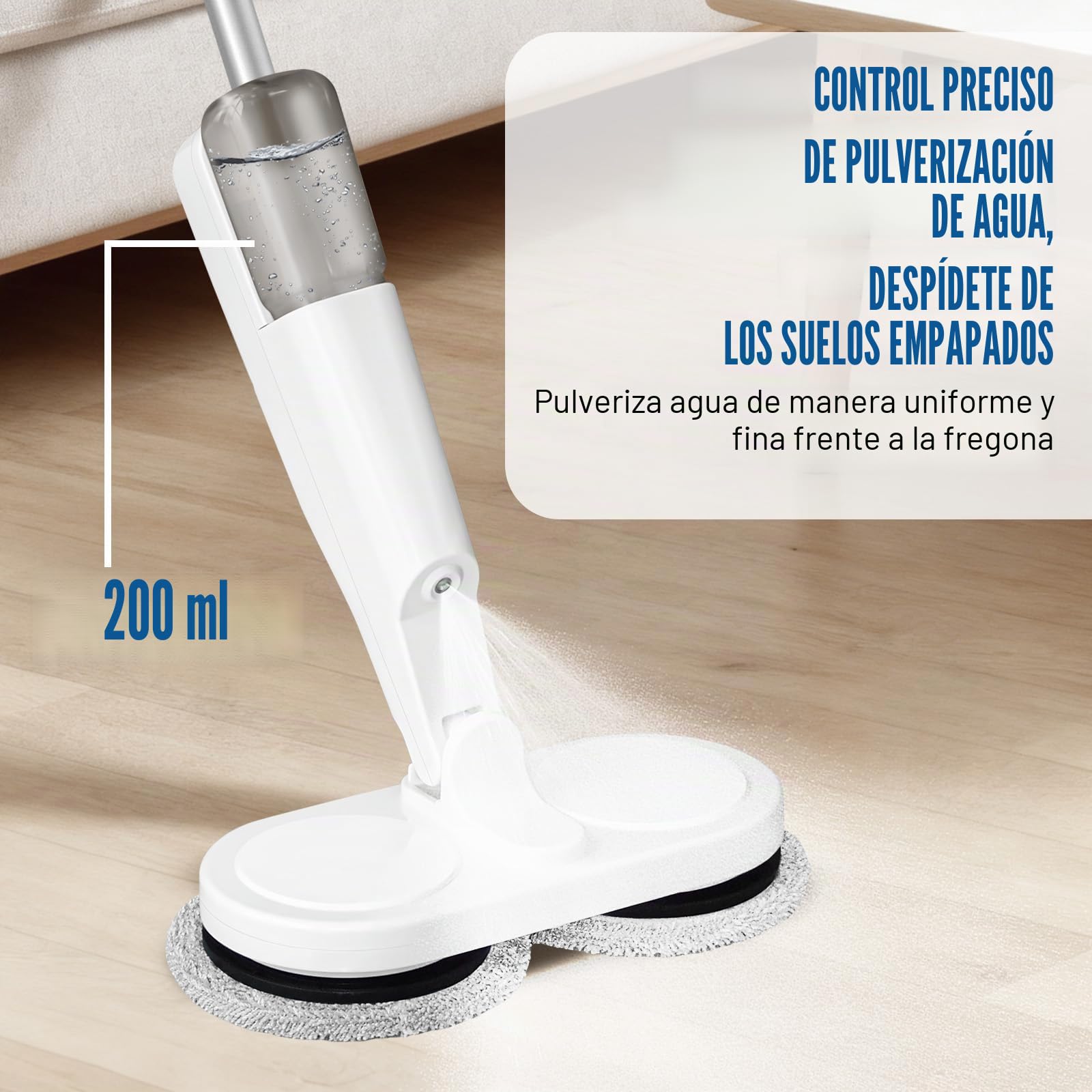 Mopa eléctrica inalámbrica de 7.4 V 2000 mAh, batería de litio de 200 ml, tanque de agua de 1 hora de funcionamiento, trapeador seco y húmedo, color blanco, 113 x 28 x 13 cm