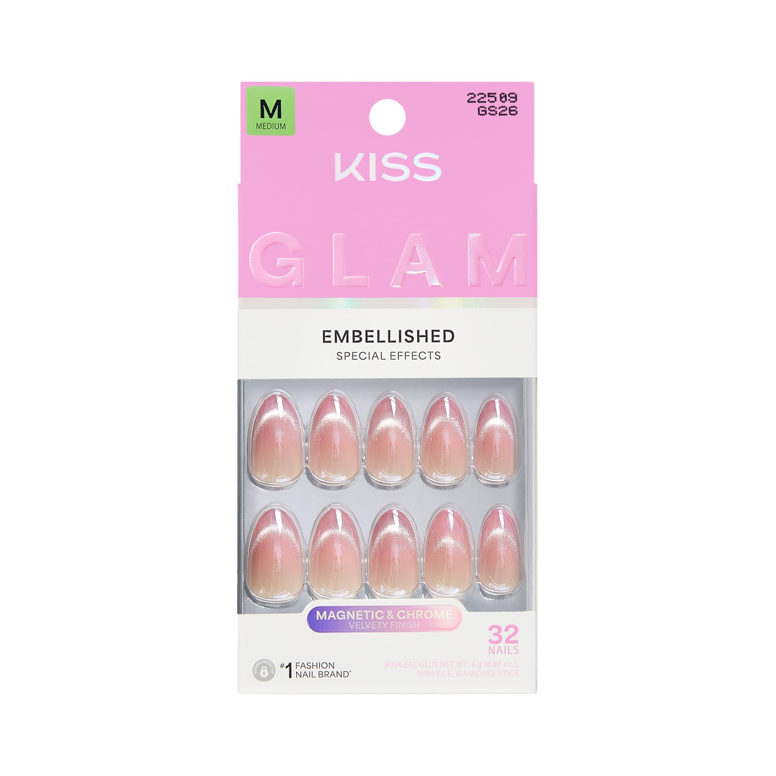 KISS GLAM, Press On Nails, Nail glue included, 'Stardust Wonder', Pink, Medium Size, Almond Shape, Includes 32 Nails, 2g Glue, 1 Manicure Stick, 1