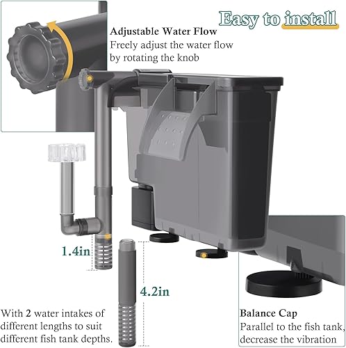 Miniatura 5 de Filtro de acuario colgante de 5 W, filtro silencioso para tanque de peces de 124 GPH con esponja de filtro y carbón activado, filtro de cascada
