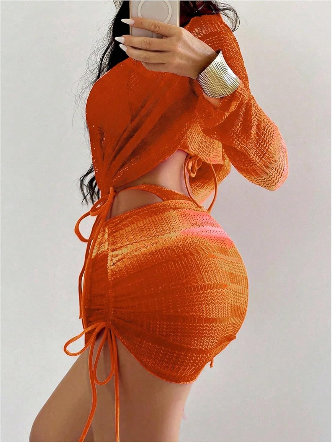 OYOANGLE Bathing Suits for Women 4 Piece Tie Dye Crochet Triangle Thong Bikini Set with Cover Ups