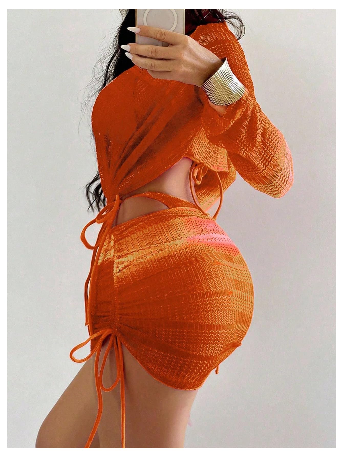 Women's Bathing Suits 4 Piece Swimsuits Crochet Triangle Halter Thong Bikini Set with Cover Ups Orange X-Large