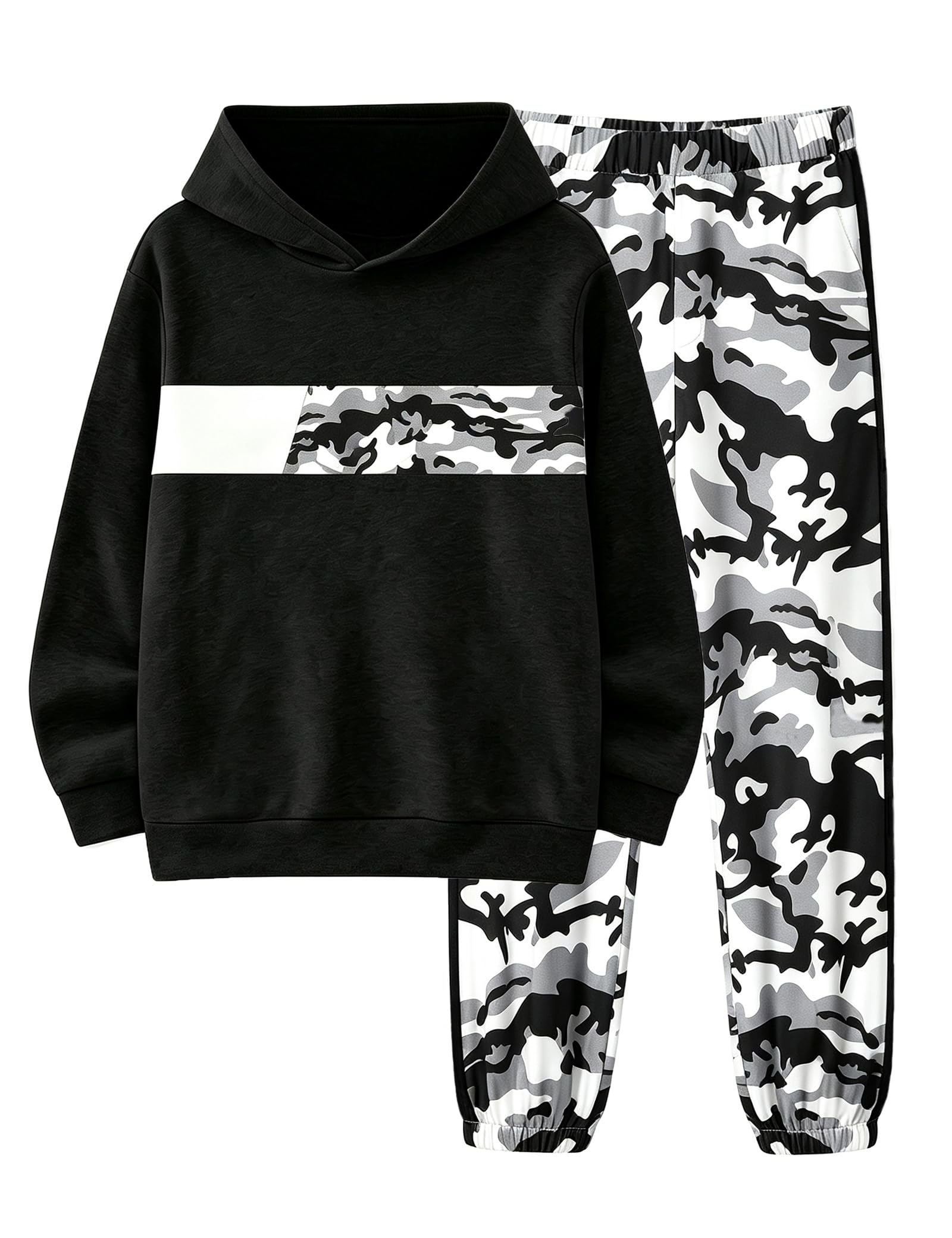 Boys Clothes Boy Outfits 2-Piece Long Sleeve Hoodie and Camouflage Pants Boys Fall Winter Clothes for 6-16 Years