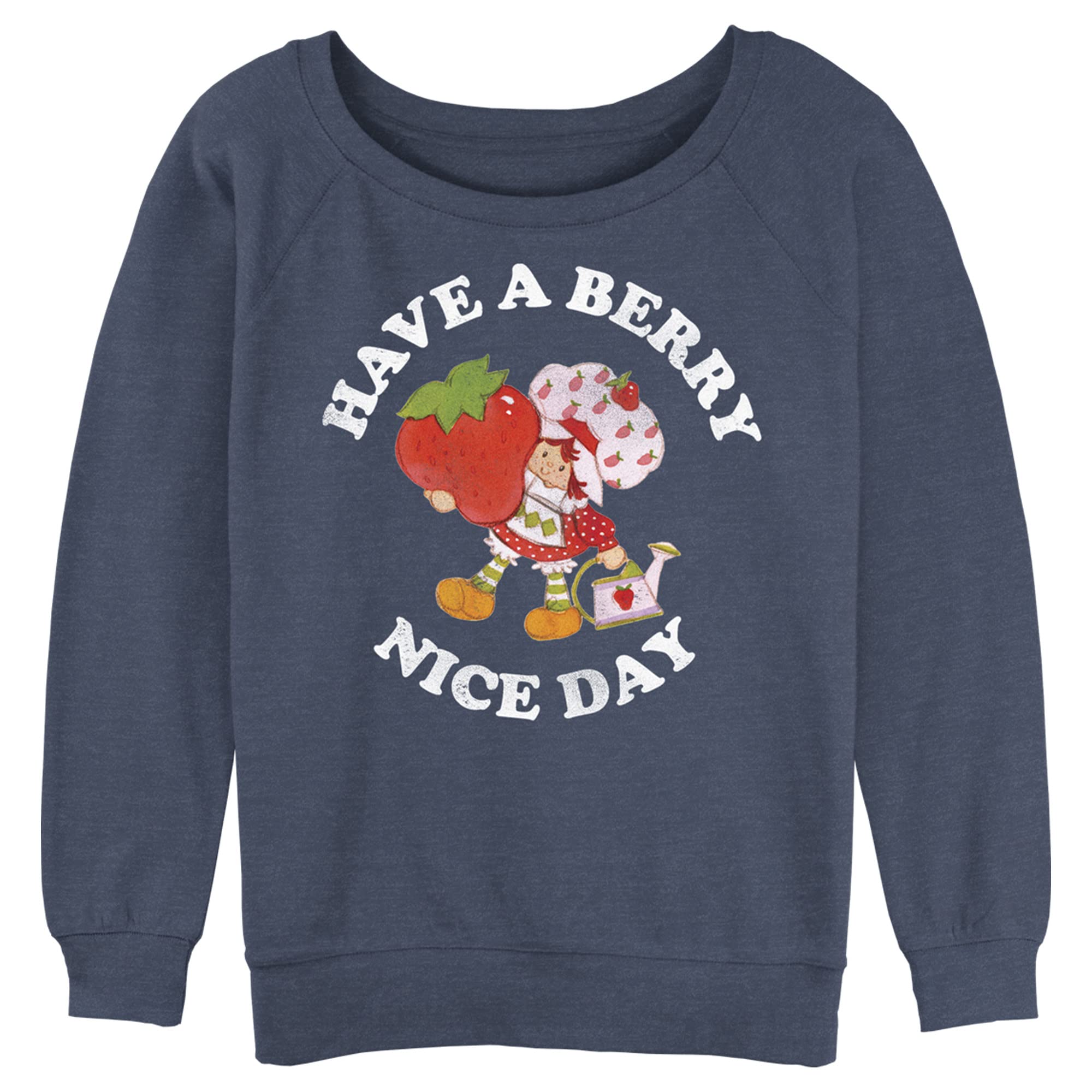 Fifth Sun Women's Strawberry Shortcake Berry Nice Day Junior's Raglan Pullover with Coverstitch, Blue Heather, XL