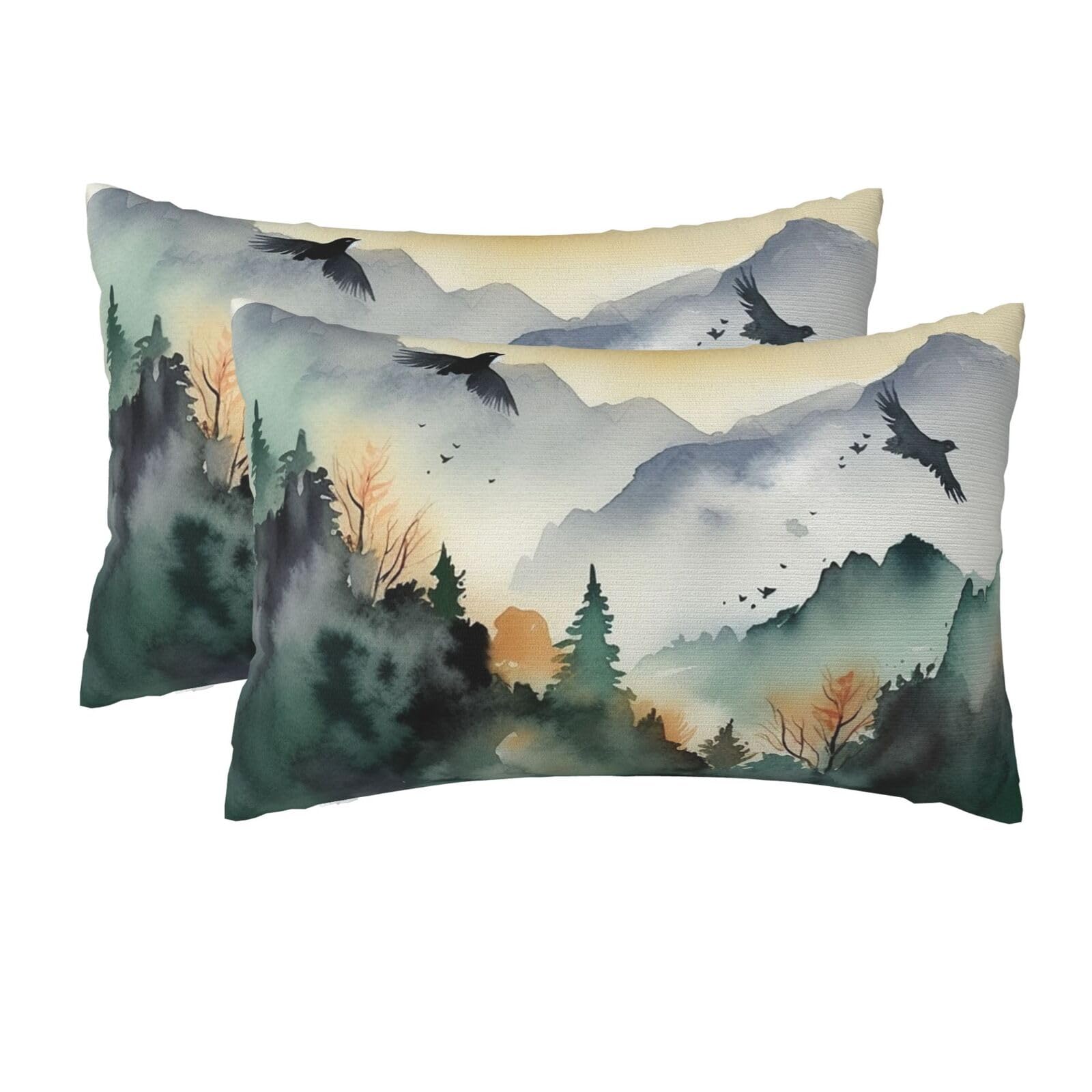 2 Pack Queen Size Pillow Cases for Hair and Skin Soft Breathable Pillow Case Covers with Hidden Zipper Mountain Birds Watercolor Pillowcase 20x30 Inches Pillow Cover for Sleeping Gift