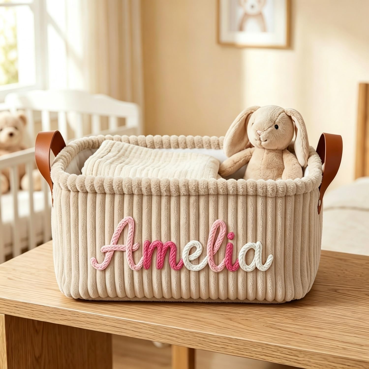 Bfbzyme Khaki Personalized Corduroy Baby Basket Organizer, Custom Name Storage Bin For Nursery, Multi-Use Diaper Caddy & Newborn Clothes Box, Baby Shower Favors