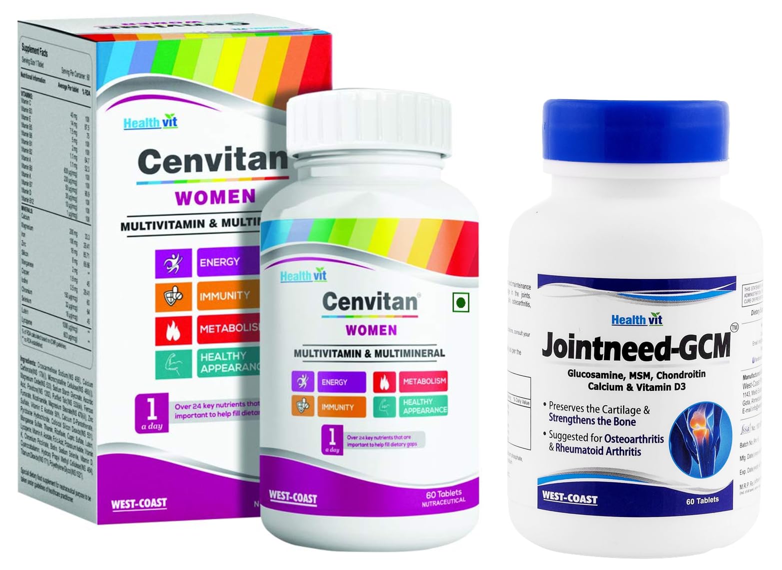 Healthvit Jointneed-GCM - 60 Tablets & Healthvit Cenvitan Multivitamin for Women - 60 tablets with 24 Nutrients (Vitamins and Minerals) (B0CDD7XF6Z) Amazon Price History, Amazon Price Tracker