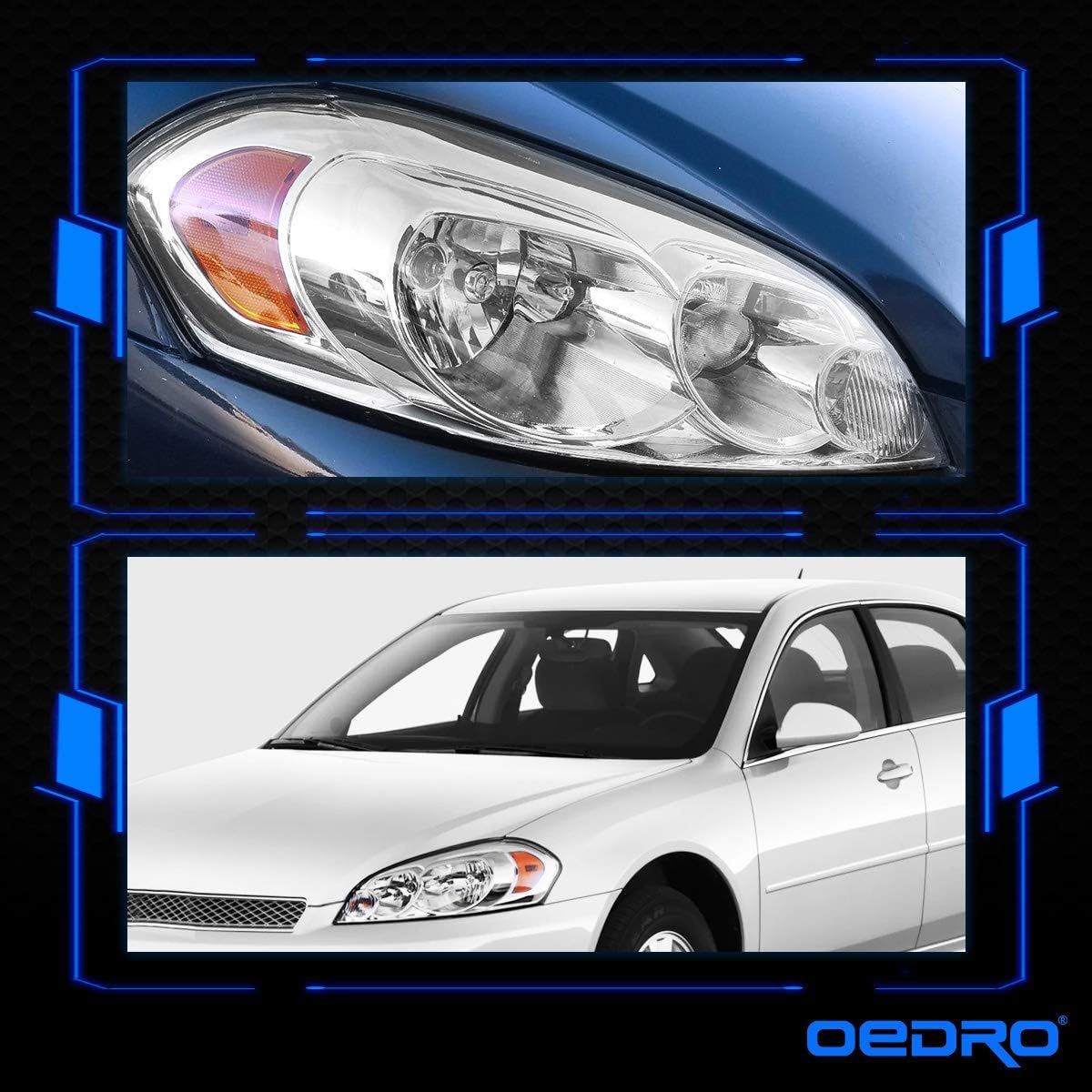 oEdRo Headlight Compatible with 2006-2013 Chevy Impala/ 2014-2016 Impala Limited/ 2006 2007 Monte Carlo Replacement Headlamp Chrome Housing Amber Reflector Clear Lens
