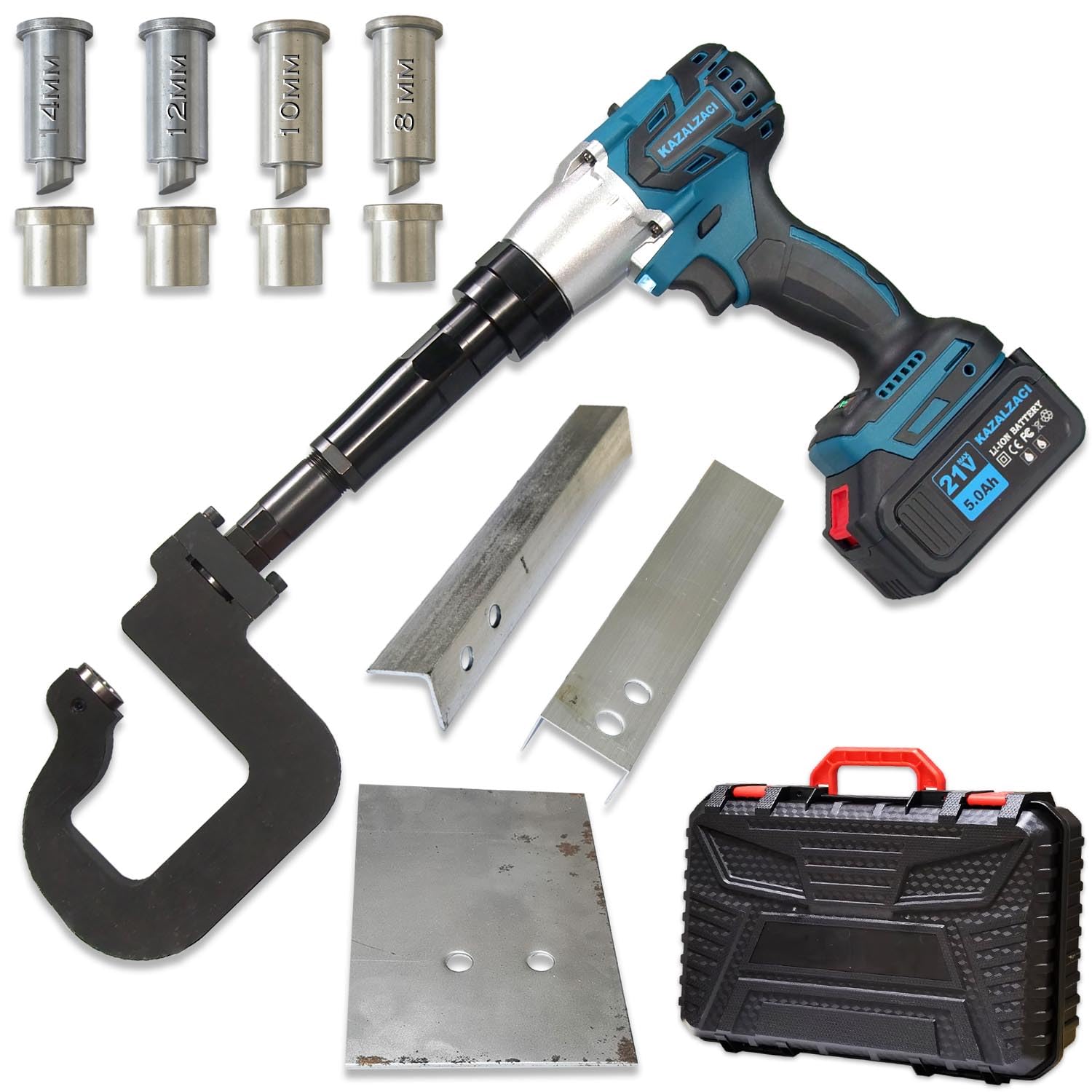 Cordless Metal Hole Puncher, Steel Punching Machine, Electric Handheld Punch Tool for 8-10-12-14MM Holes On Steel Iron Aluminum Plate, Angle & U-Channel Up to 3MM Thick, 3.2" Deep Throat, 5.0Ah Batt.