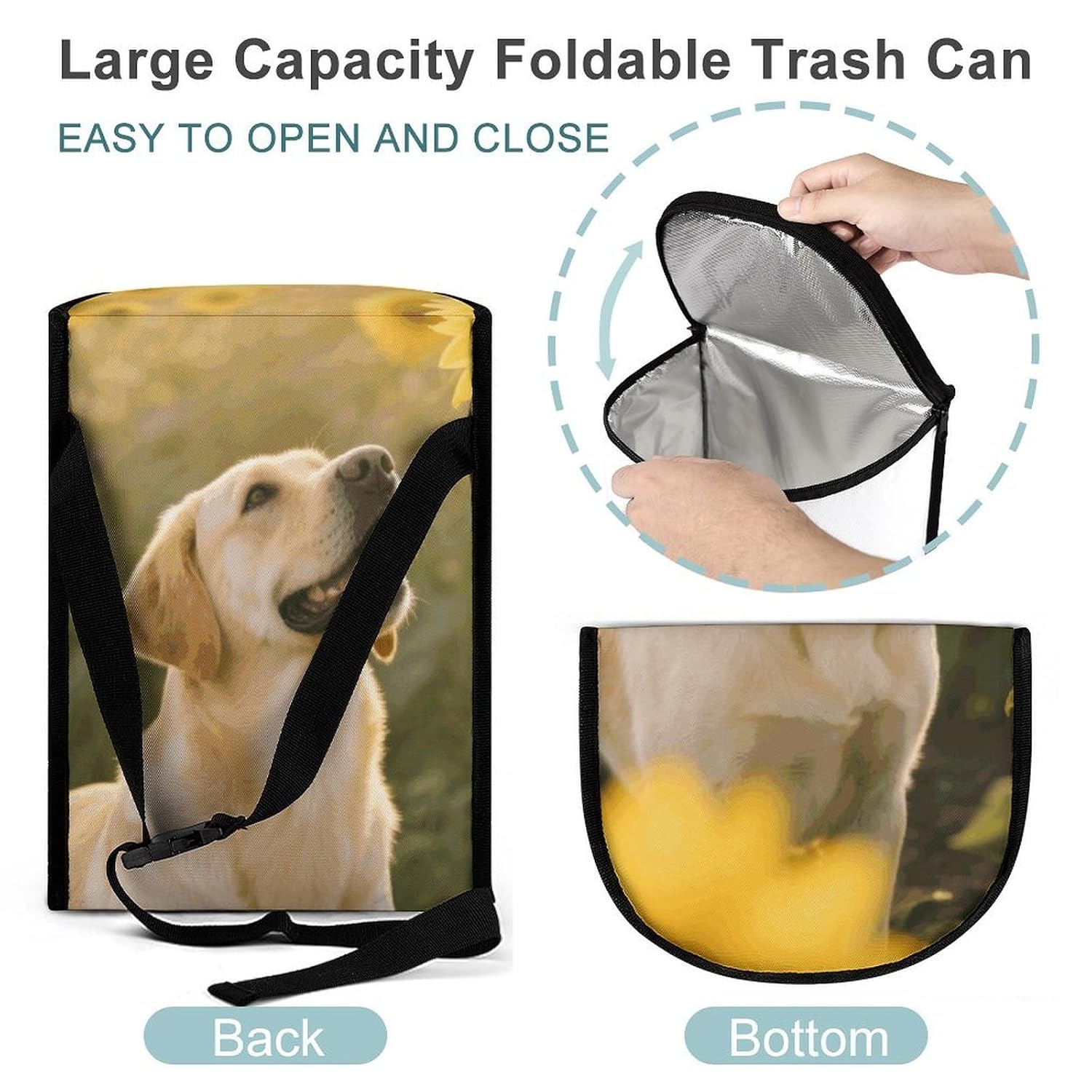 YHNNH Portable Vehicle Garbage Cans with Lid Dogs and Sunflowers Hanging Trash Storage Bin Leak Proof for Cars SUV Truck