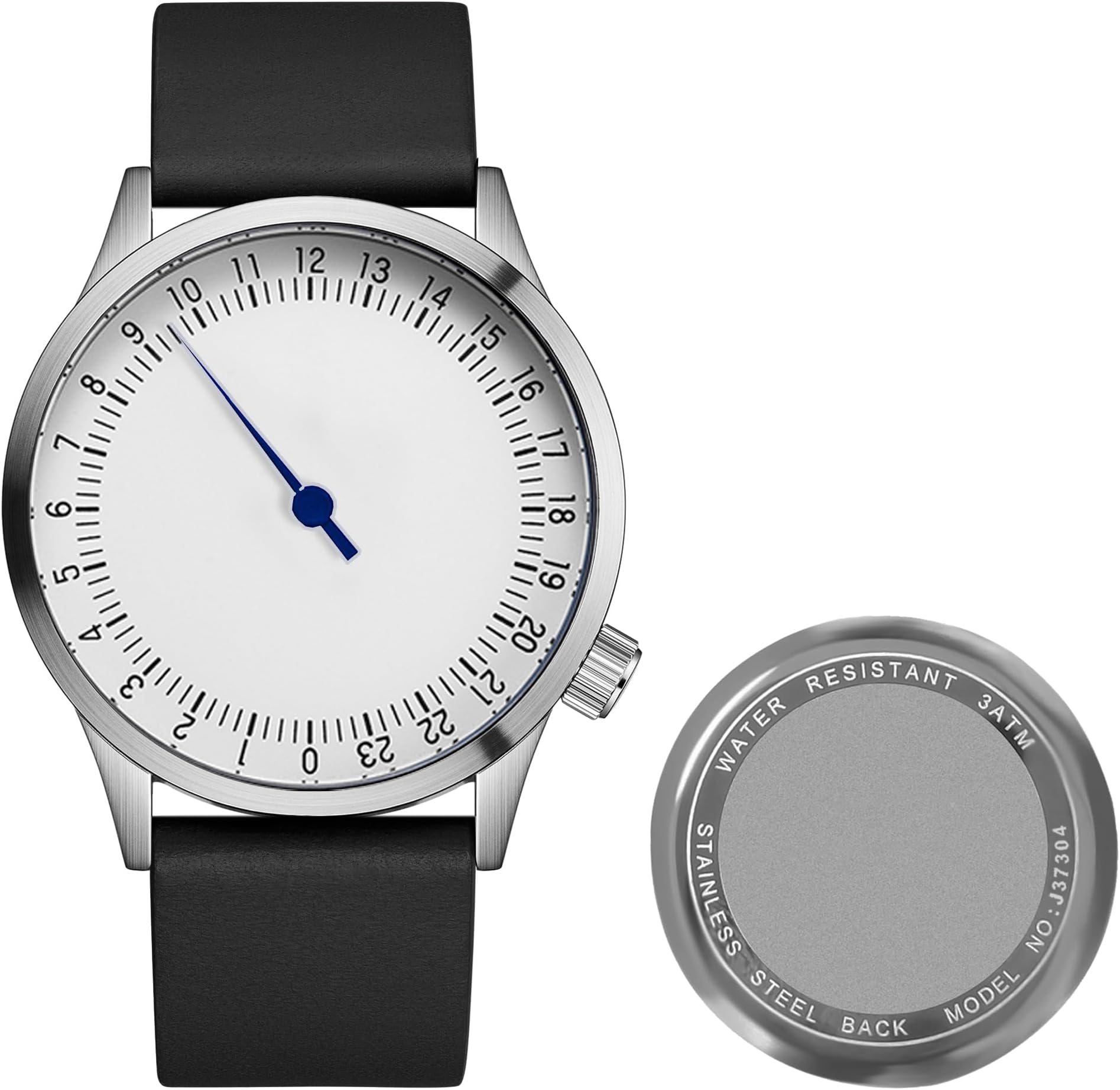 Swiss Movement Men's One Hand 24 Hour Watch Single Hand Black Case with Italian Leather Strap