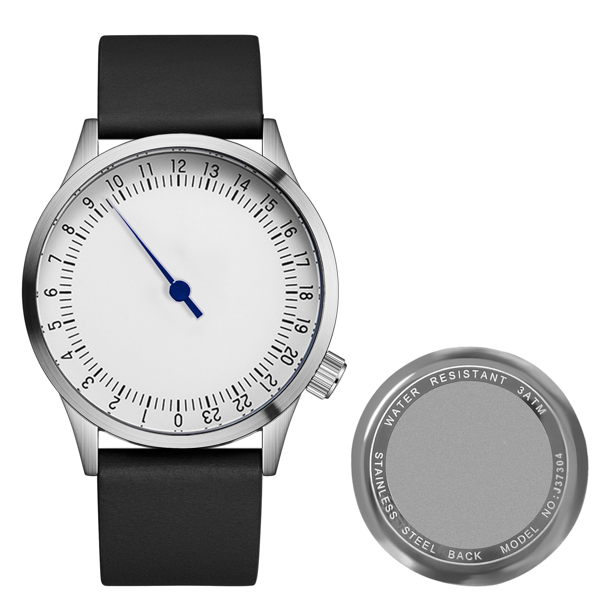 JIANDUN Swiss Movement Men's One Hand 24 Hour Watch Single Hand Black Case with Italian Leather Strap