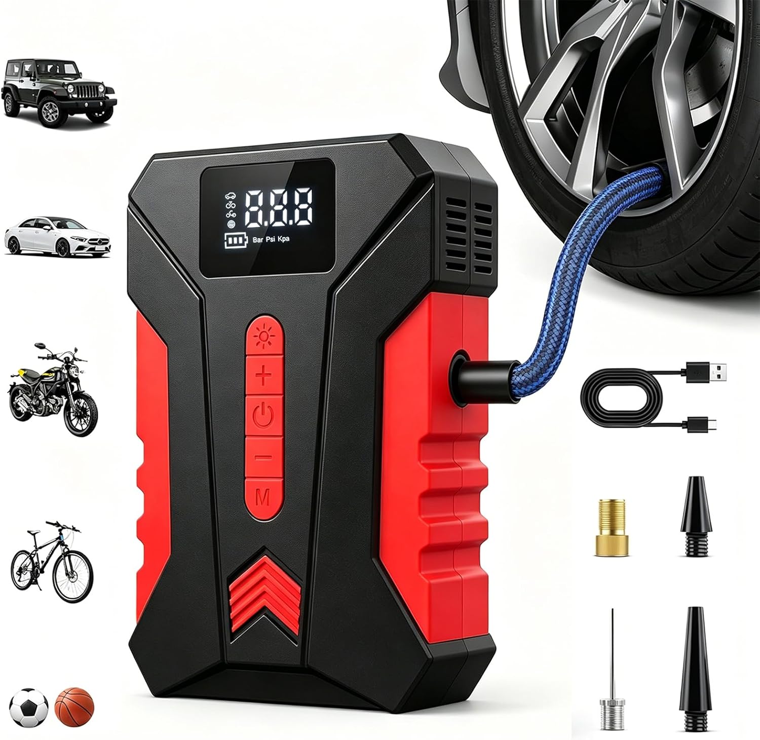 Portable Car Tire Inflator Air Compressor, 120PSI Electric Air Pump with Digital Pressure Gauge, Auto Shut Off, LED Light, for Car SUV Motorcycle Bike Balls
