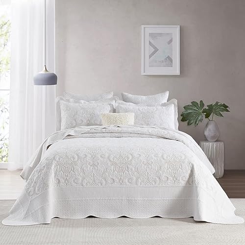 Miniatura 9 de Juego de colcha de gran tamaño 100% algodón, colcha extragrande de 120 x 120 pulgadas, colcha King con fundas de almohada, funda de cama bordada