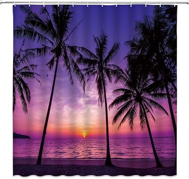Ocean Beach Sunset Shower Curtain Tropical Palm Tree Dusk Sky Hawaii Sea Seaside Seascape Purple Black Bathroom Curtains Decor Fabric Polyester Set Include Hooks,70" WX70 H