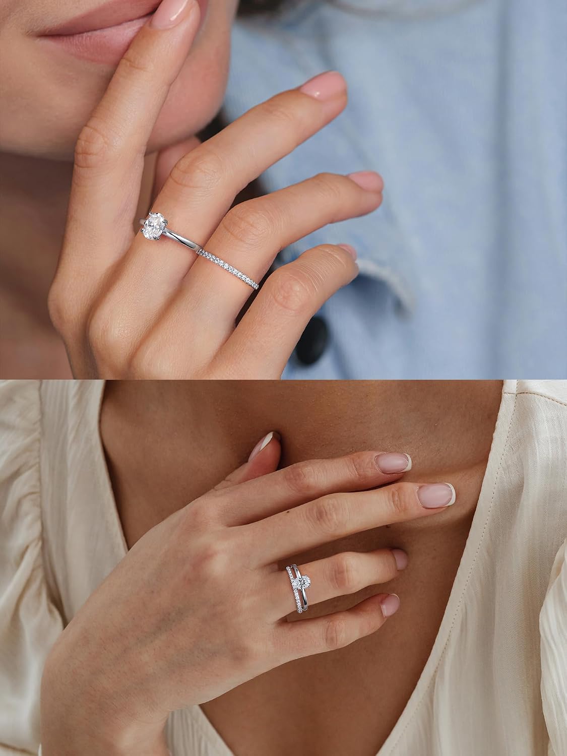NORBU Round Cut Solitaire Moissanite Engagement Ring for Women, 1CT D Color VVS1 Clarity, 925 Sterling Silver Two in One Promise Ring with 18K White Gold Plated, Jewelry Gift for Wedding Anniversary Birthday Christmas Valentine's Day
