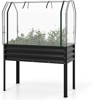 Fantask k 3-in-1 Planter Box with PE Lid, 112x55x152cm, Raised Bedding with Rollable Door, Galvanized Metal Garden Bed Plant Bed Herb Bed for Garden Balcony Terrace (Black)