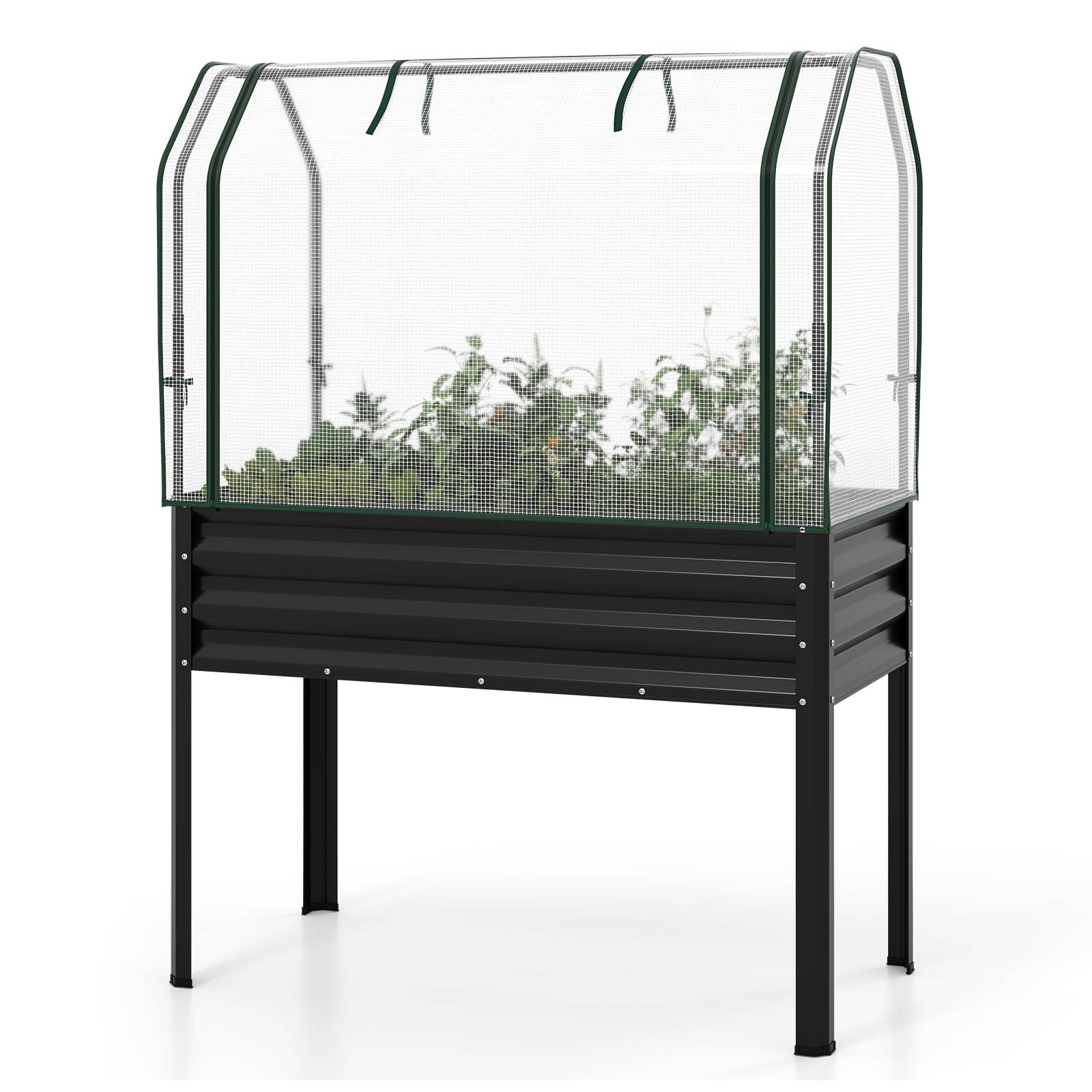 FANTASK 3 in 1 Pflanzkasten mit PE-Abdeckung, 112 x 55 x 152 cm, erhöhtes Hochbeet mit rollbarer Tür, Gartenbeet aus verzinktem Metall, Pflanzbeet, Kräuterbeet für Garten Balkon Terrasse (Schwarz)