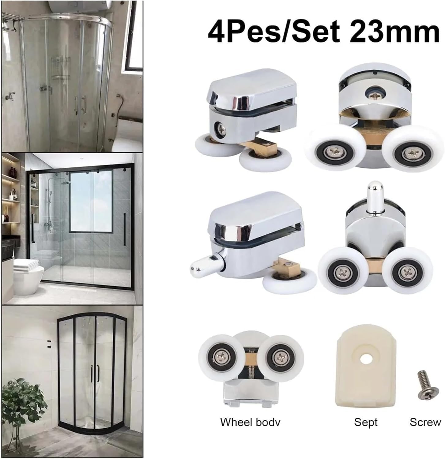 Shower Door Rollers, 4 PCS Double Shower Door Rollers Glass Sliding Top Bottom Replacement Parts