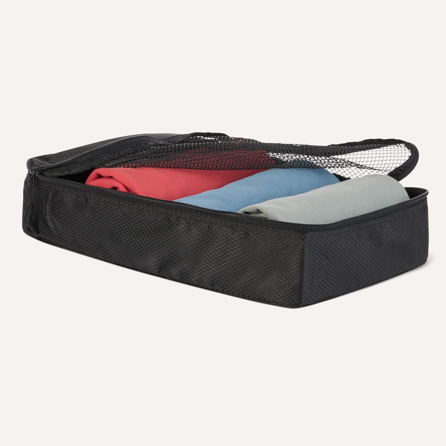 Amazon Essentials Ensemble de 4 Cubes de Rangement – Organisateurs de Voyage S/M/L + Slim, Double Fermeture Éclair, Dessus en Maille, 100% Polyester, Noir - Image détaillée