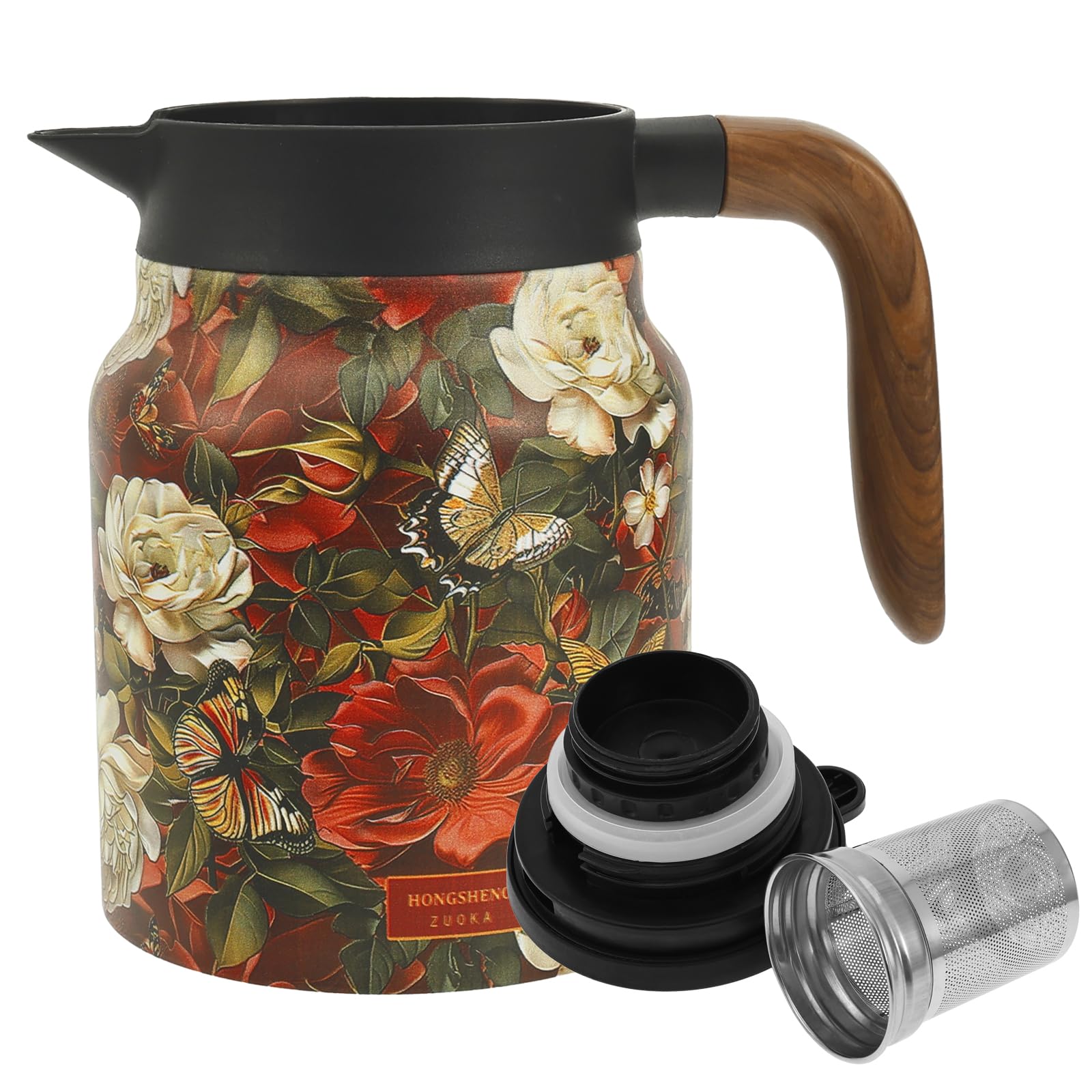 1000ML Insulated Tea Pot, Vintage Pattern Insulated Teapot Built-in Infuser, Stainless Steel Thermal Carafe, Thermal Jug, Teas Pot Infusers Teapot with Wood Handle for Coffee, Tea & Beverage