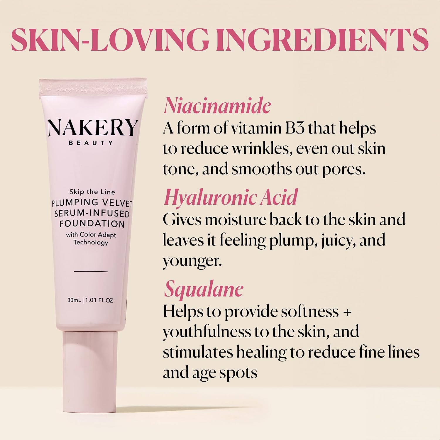 Nakery Skip the Line Full Coverage Foundation for Women - Plumping Velvet Womens Foundation Makeup Matte Finish - Age Defying Foundation - Moisturizing Foundation with Smart Color Adapt - Medium Deep
