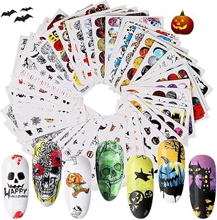 EBANKU 48 Sheets Halloween Nail Stickers Day of the Dead Water Transfer Nail Decals Skull Ghost Eye Hulk Clown Witch Nail Art Stickers Nail Tips Charms Decoration Christmas Nail Art Decoration