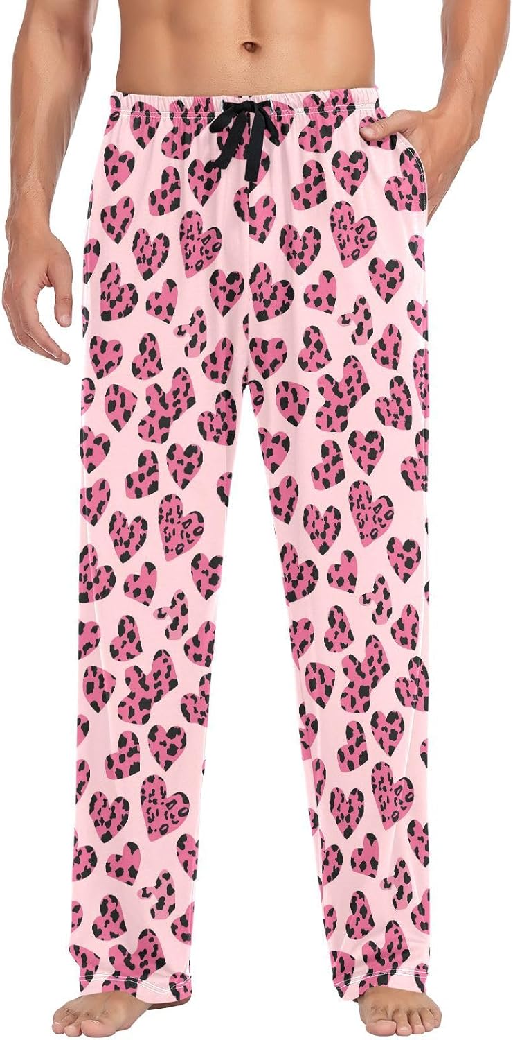 ALAZA Pink Heart Leopard Print Men's Pajama Pants Men Cotton Pajama Bottoms with Pockets, S