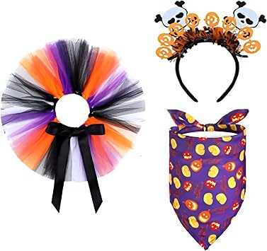 3 Pcs Pet Costumes Halloween with Skull Headband, Bandana Collar and Tutu Dress for Dogs Cats, Halloween Carnival Costume Party Cosplay Dress Up Decoration,A
