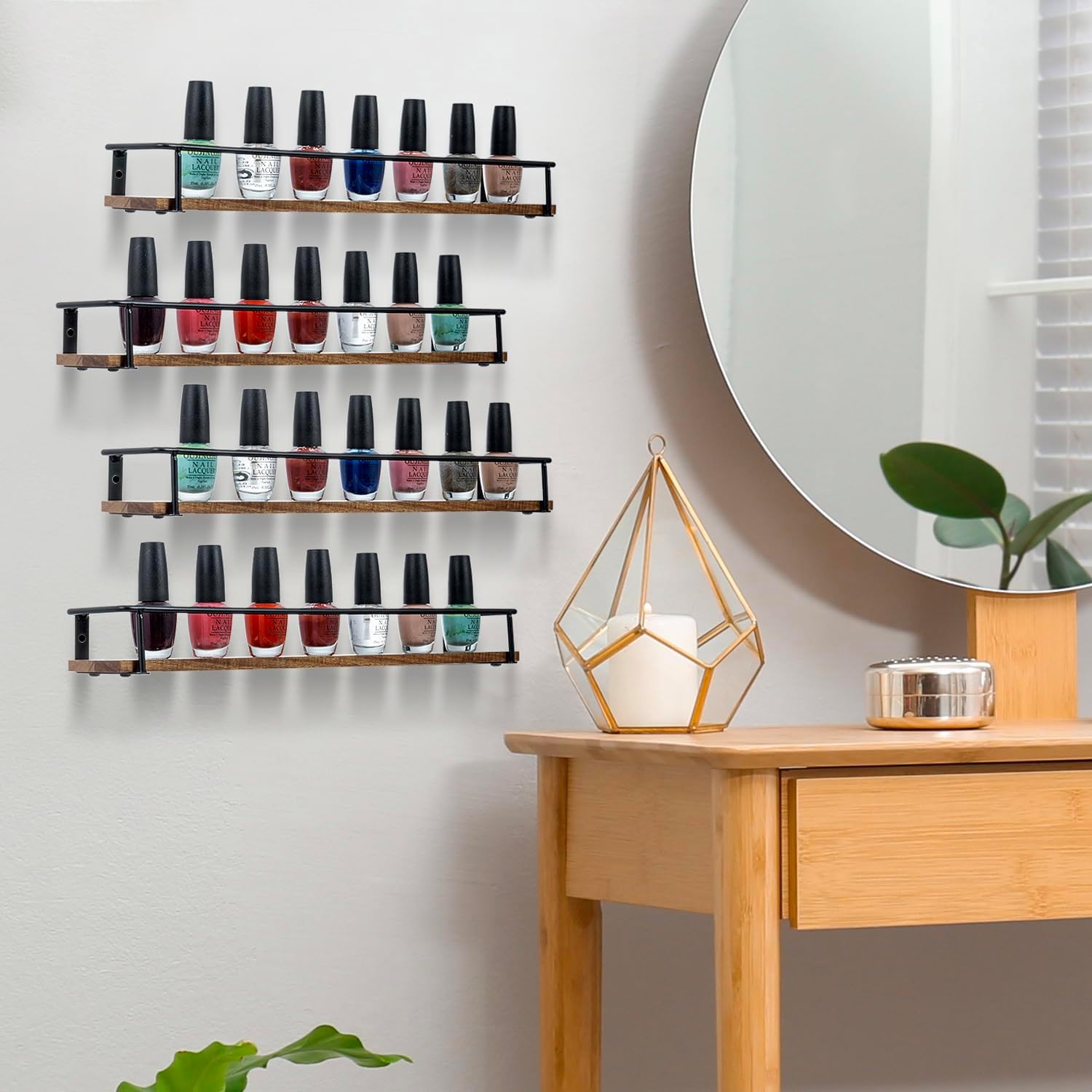 MyGift Nail Polish Rack Set of 4, Wall Mounted Spice Rack, 16 Inch Burnt Wood Essential Oil Display Shelves with Black Metal Frames, Hanging Kitchen Spice Jar Holder Racks