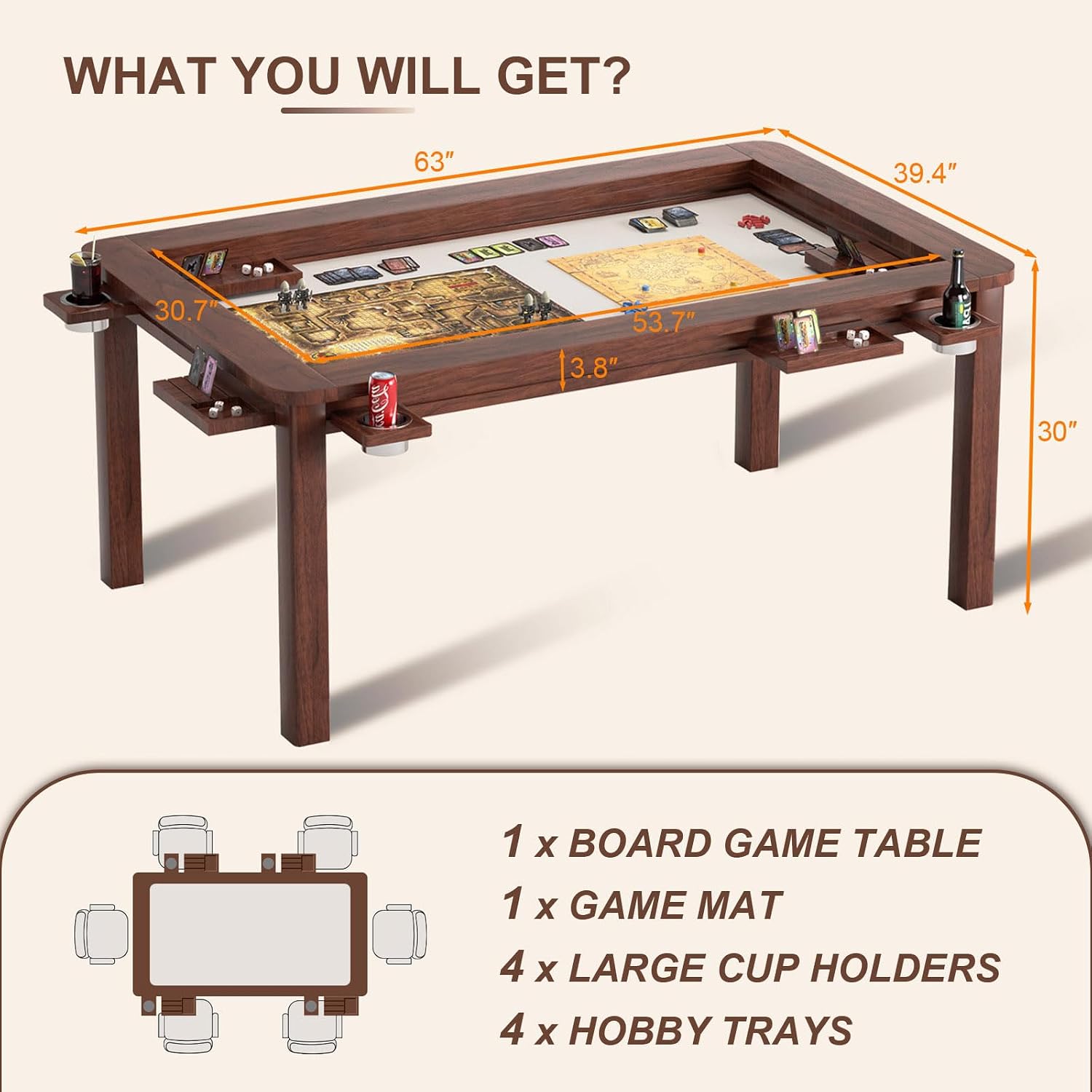 63"x40" Solid Wood Board Game Table with Removable Table Top, DND GameTable for 4 to 6 Players with Play Area, Detachable Cup Holders, Play Mat and Dice Trays