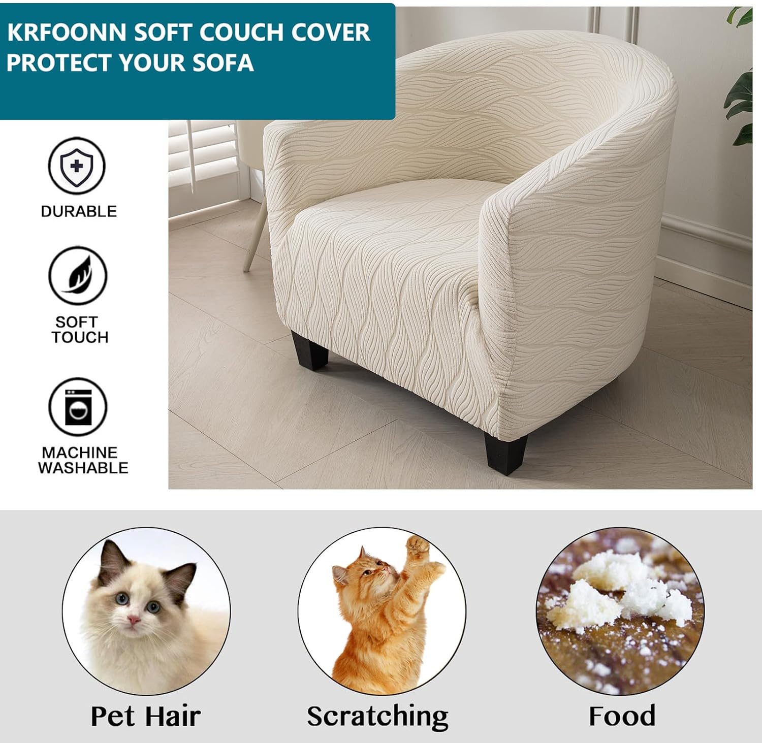 KRFOONN Club Chair Slipcover Stretch Round Barrel Chair Cover, Beige | Soft Jacquard Tub Chair Slipcover, Washable Armchair Sofa Covers, Spandex Furniture Protector Arm Chair Cover for Living Room