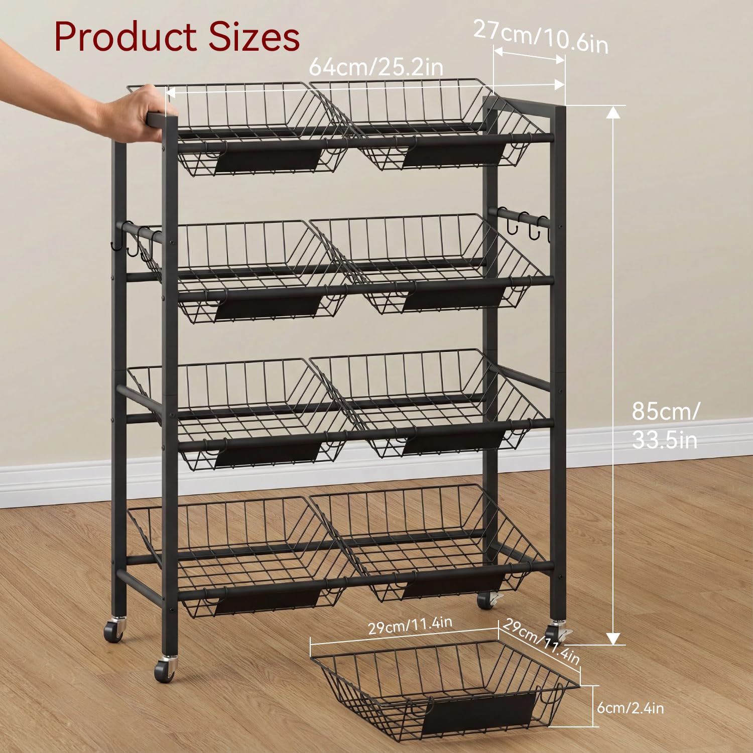 IBUYKE Carrello Grande per Conservazione di Frutta, Carrellino Portatutto in Metallo con 8 Cestelli Rimovibili,Carrello Multiuso con Ruote per Contenitori di Verdure Cipolle e Patate,Nero TLJ025B