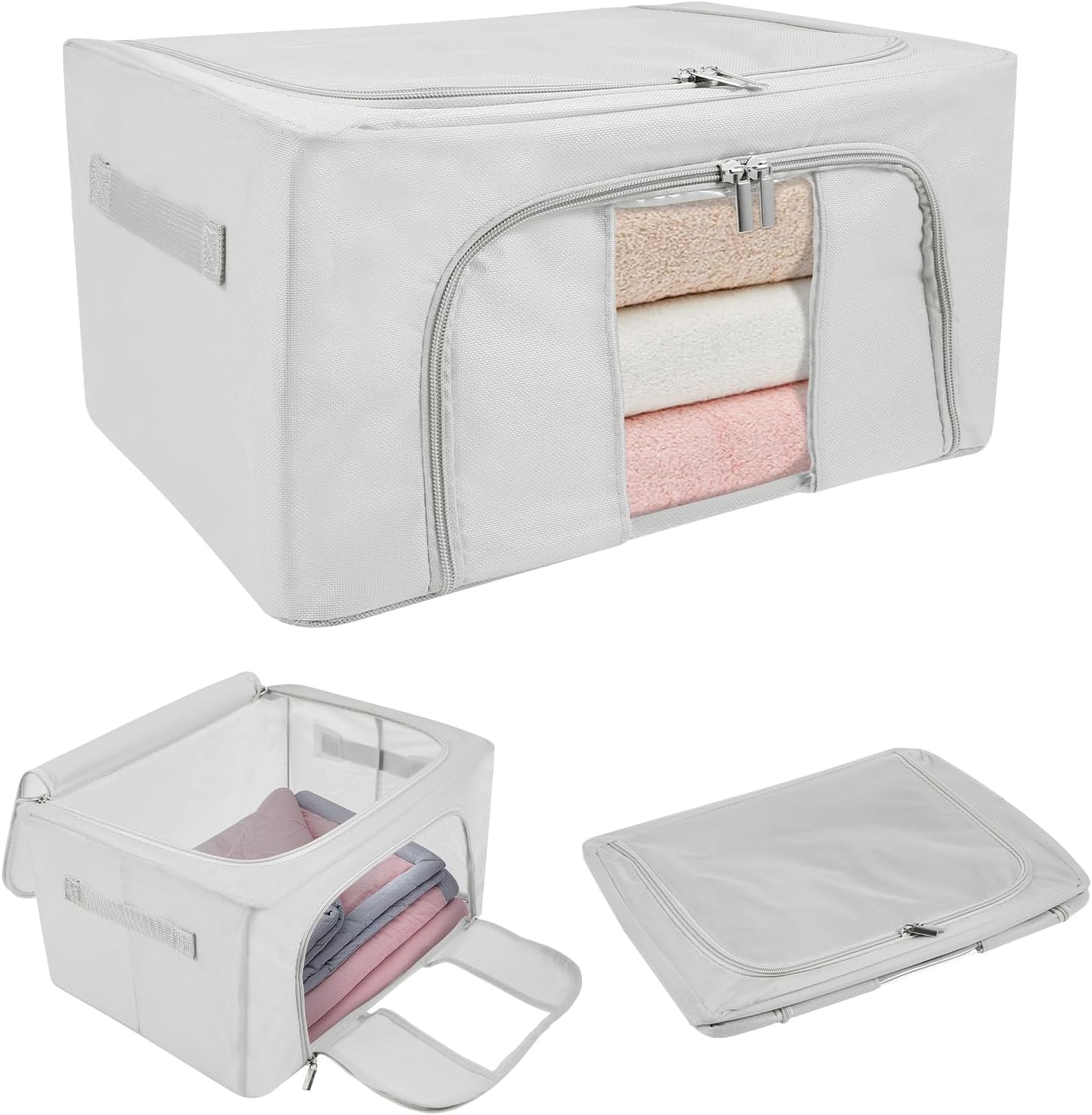 3Pcs Clothes Storage Bins Folding Stackable Closet Organizers Storage Containers Oxford Cloth Storage Bins with Lid Space Saving Clothes Storage Box with Clear Window and Two Way Zipper for Bedroom12