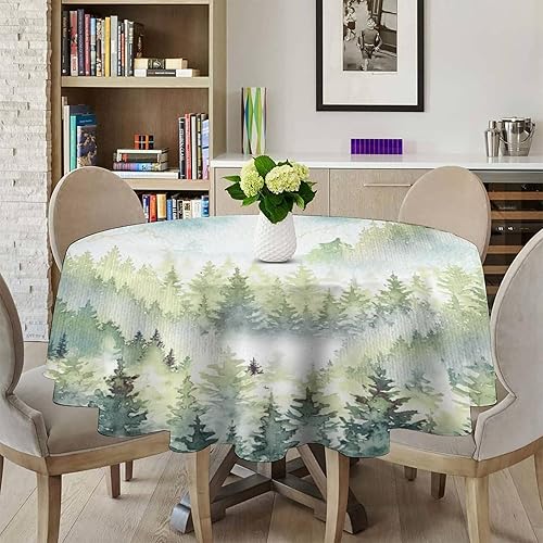 Miniatura 3 de Mantel redondo de montaña con bosque brumoso, acuarela, verde brumoso, rústico, paisaje, pájaros, naturaleza, arte, para interiores y exteriores,